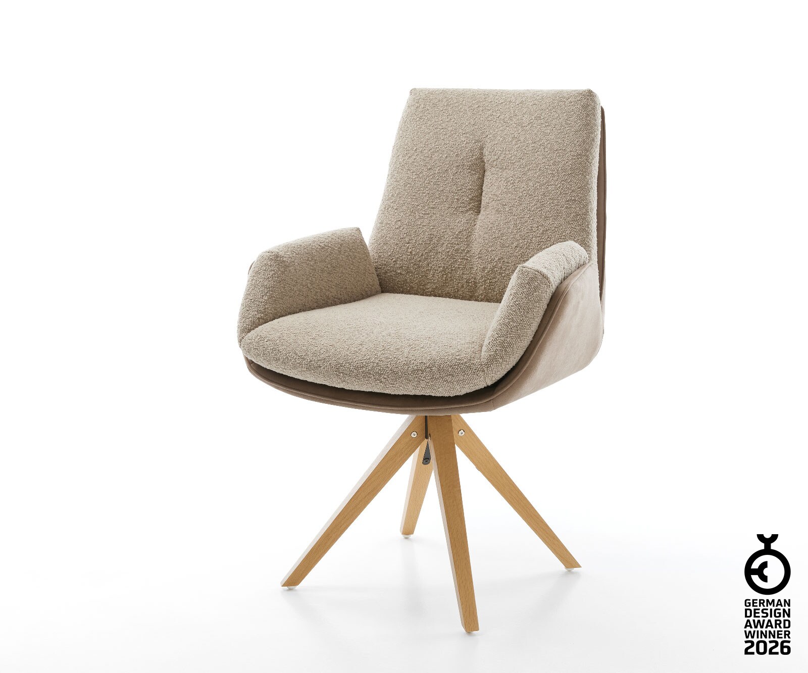 Chaise-pivotante Clea-Flex tissu mixte couleur boue pied en bois angulaire naturel pivotement sur 180°