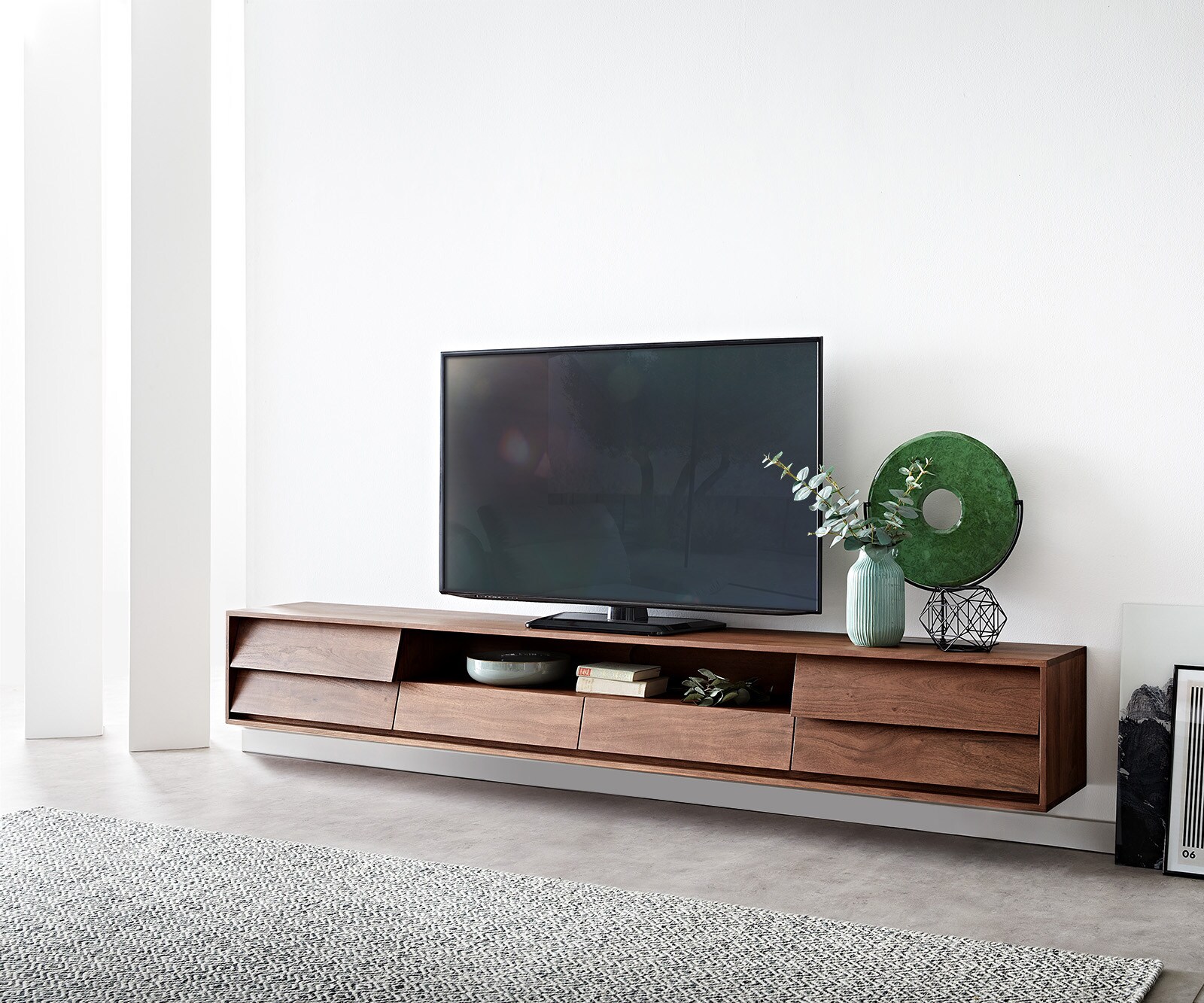 Meuble-TV  Eloi 240x35 cm acacia brun 2 portes 2 tiroirs pied en V noir 3