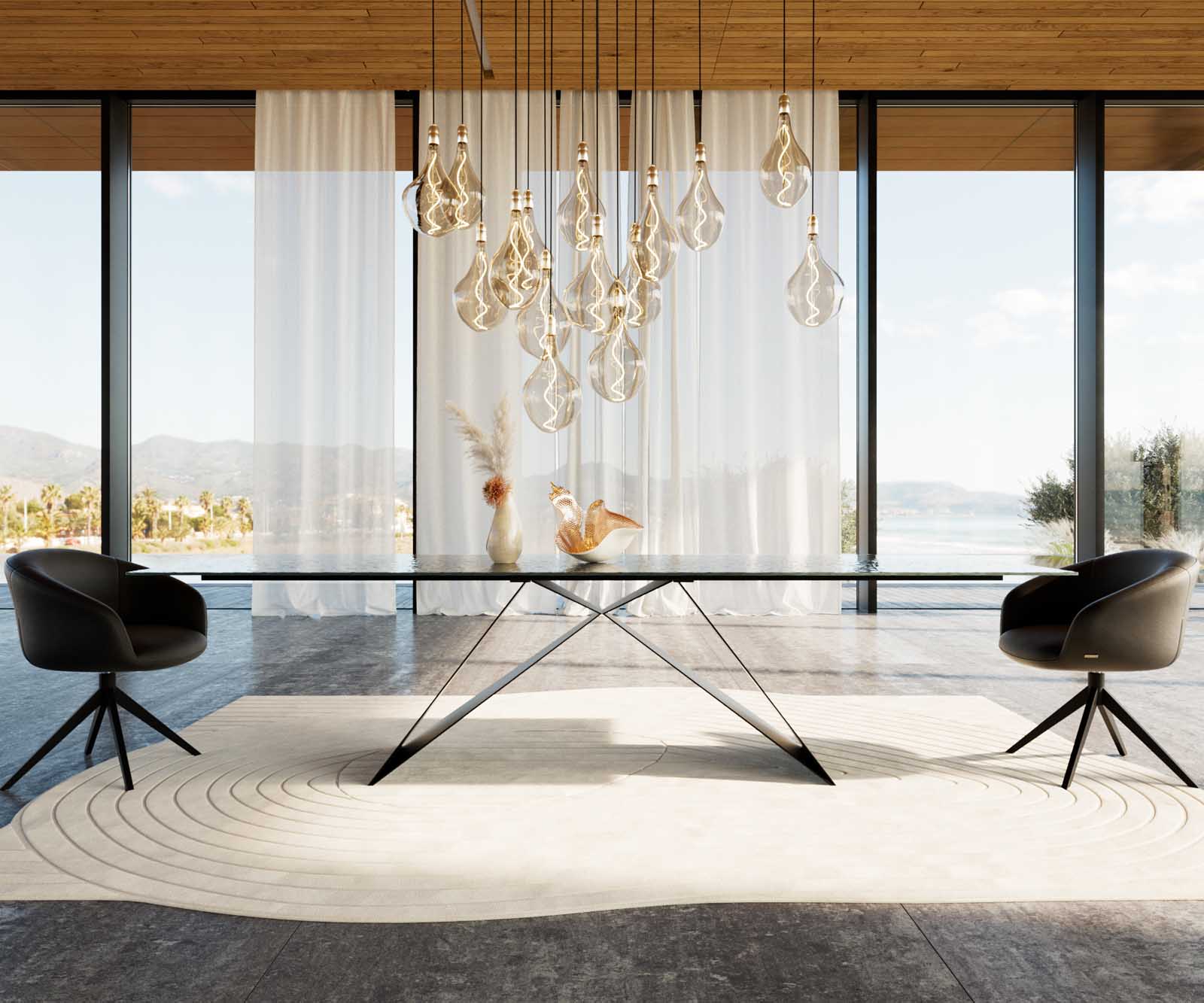 Esstisch Edge 300x100 Reliefglas Rauchschwarz 3D-Design V-Gestell Flachstahl Schwarz 1 Esstisch Edge 300x100 Reliefglas Rauchschwarz 3D-Design V-Gestell Flachstahl Schwarz 1