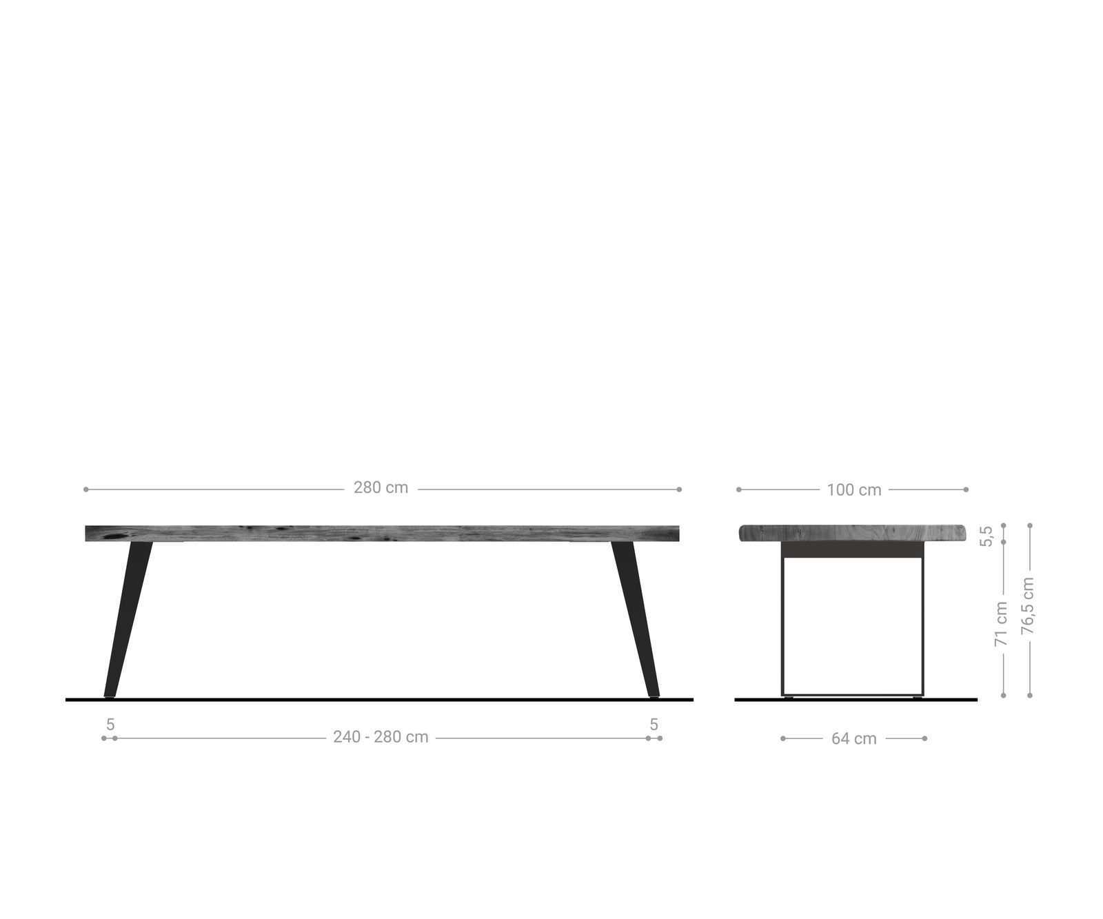 Table à manger Edge 280x100 XL acacia nature acier inoxydable inclinée Live-Edge 6