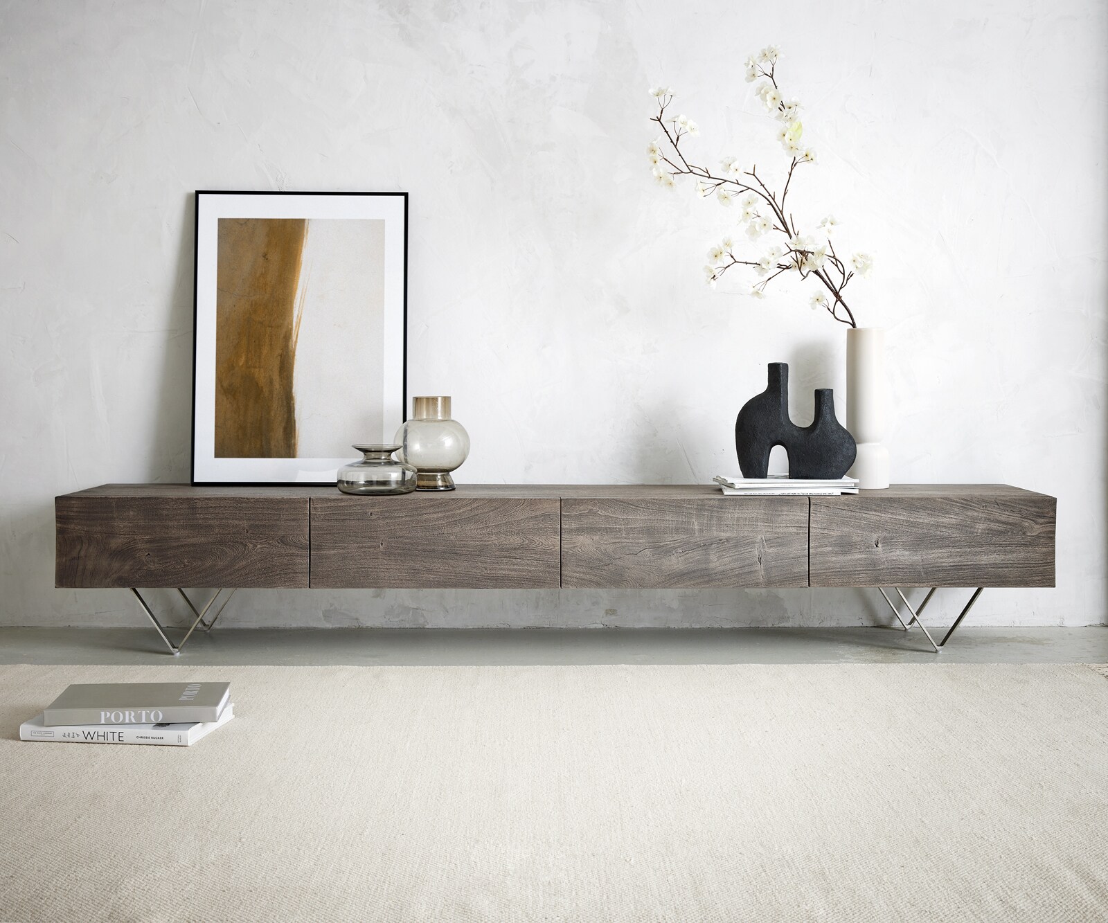 Lowboard Wyatt 220 cm Akazie Platin 4 Schübe V-Fuß Edelstahl 1 Lowboard Wyatt 220 cm Akazie Platin 4 Schübe V-Fuß Edelstahl 1