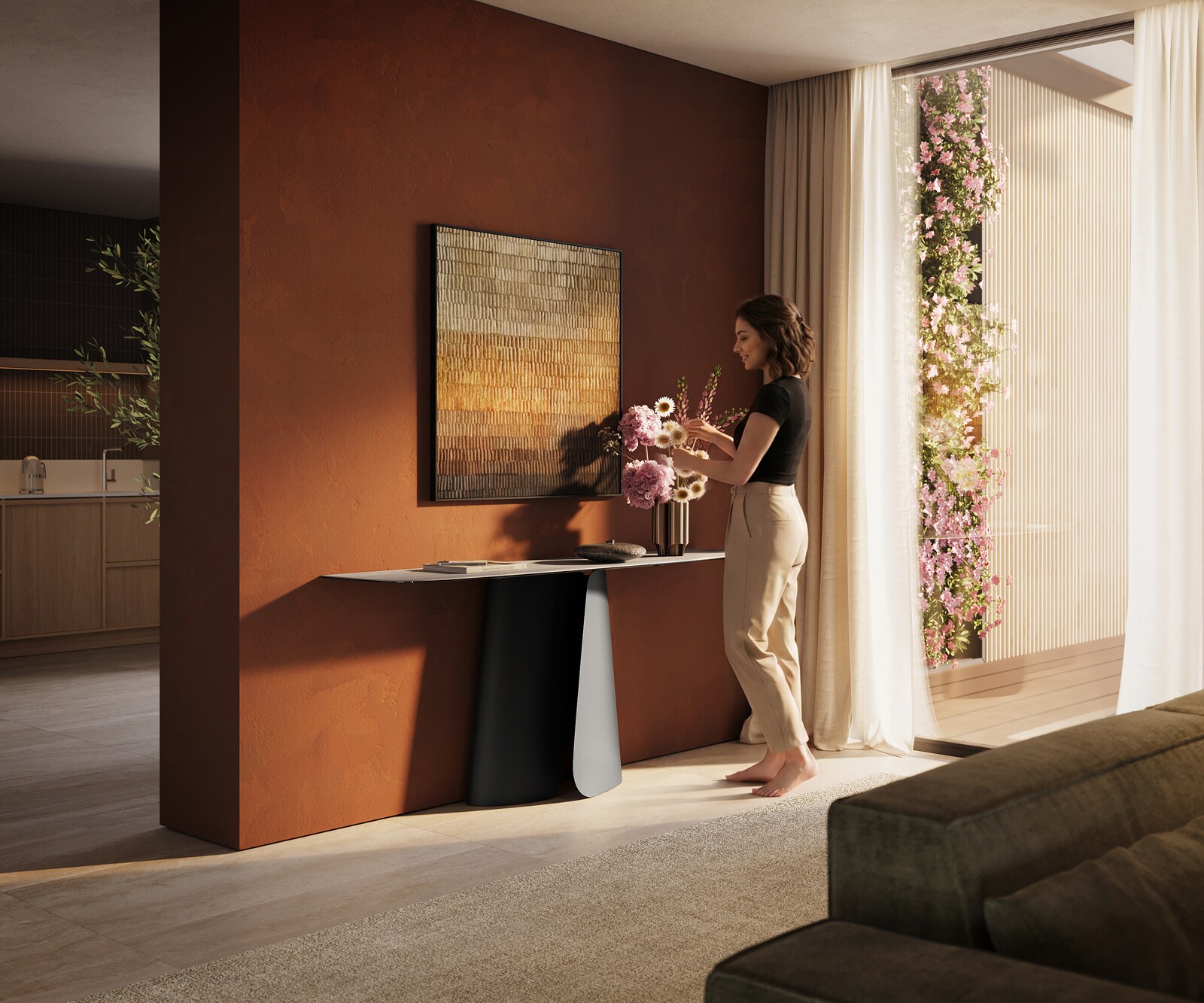 Console Edge forme bateau 180x40 cm Céramique Laminam® Travertino Bianco Creme-Weiß Livos Métal Noir 6