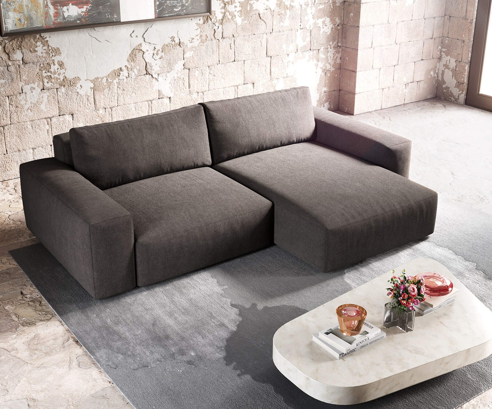 Canapé d'angle Lanzo XL 270x180 cm microfibre marron kaki Recamière variable 4