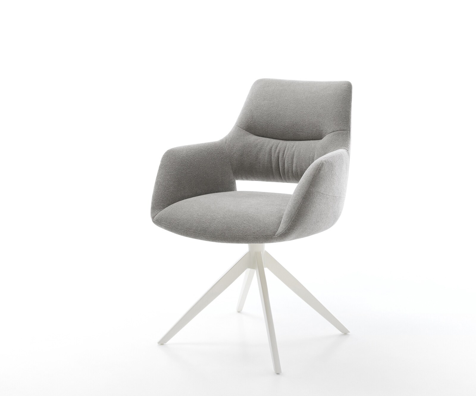 Chaise-pivotante Yago-Flex avec accoudoirs tissu structuré doux gris pied croisé large blanc pivotement sur 360° fonction bascule resorts ensachés