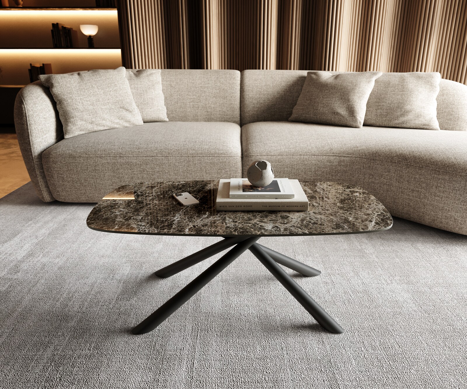 Table basse Edge Boot 100x50 cm céramique Laminam® Emperador Extra Lucidato brun foncé Sarity métal noir 2