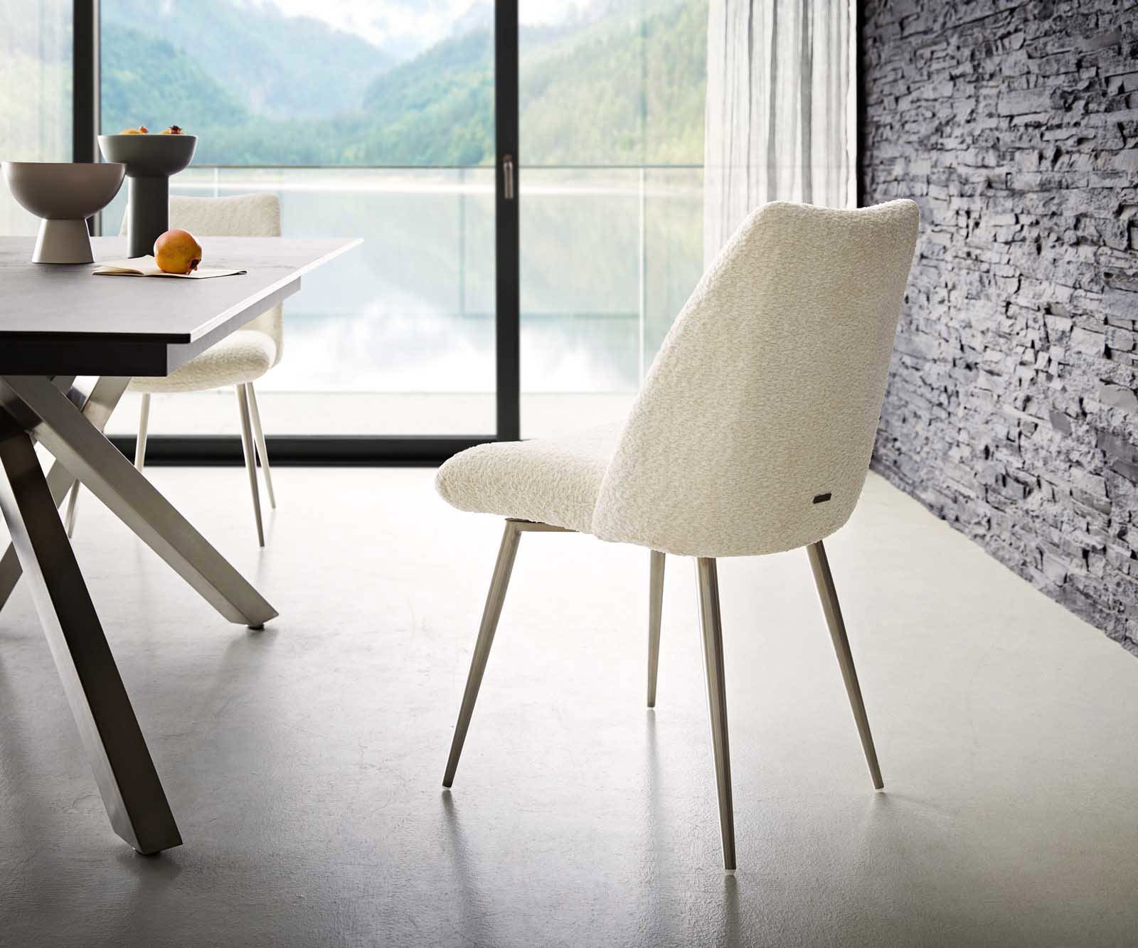 Chaise-de-salle-à-manger Elso-Flex bouclé blanc 4 pieds coniques acier inoxydable brossé ressorts ensachés 4