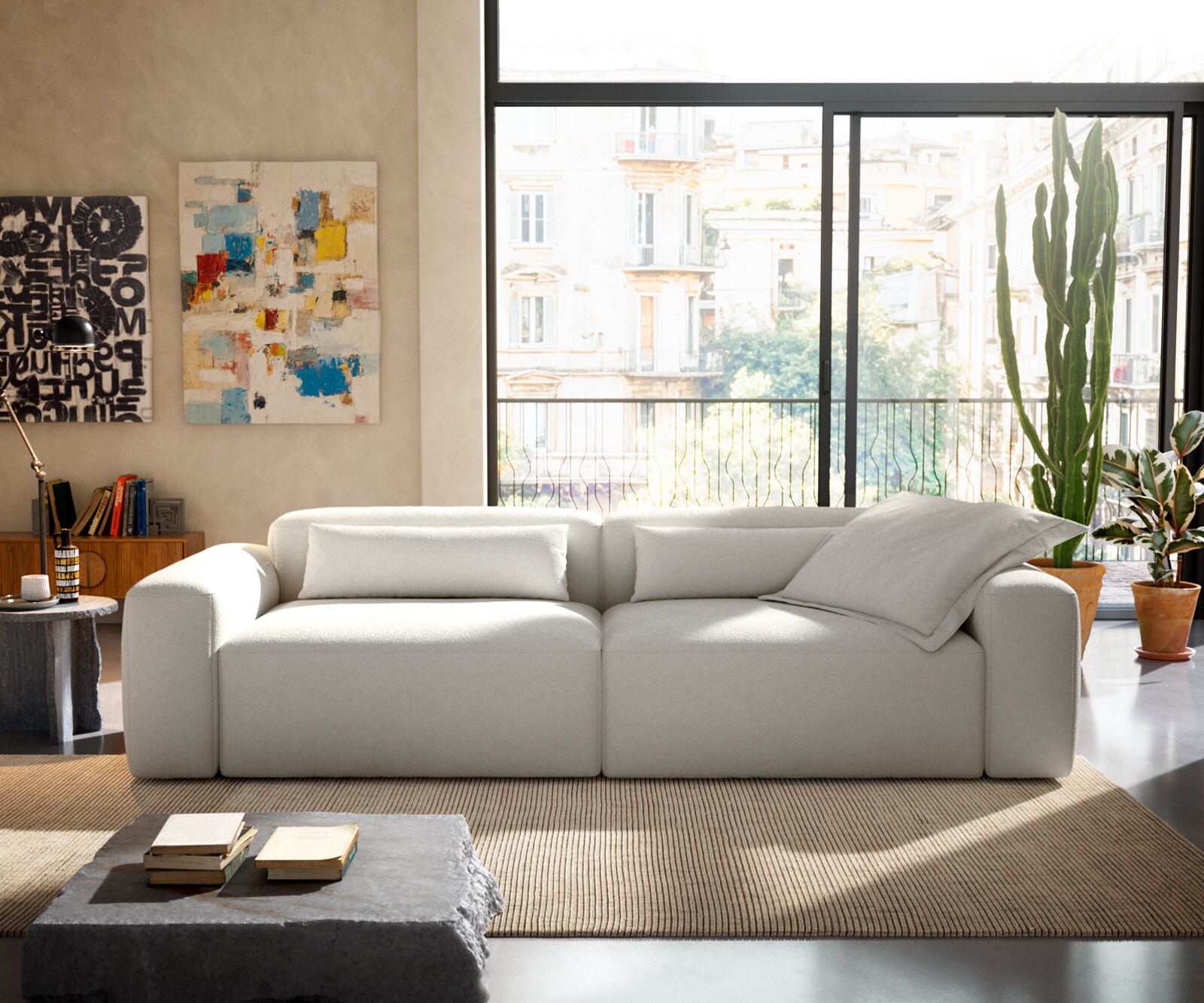 Bigsofa Freestyle 280x110 cm Bouclé Crème-blanc couture plate 1