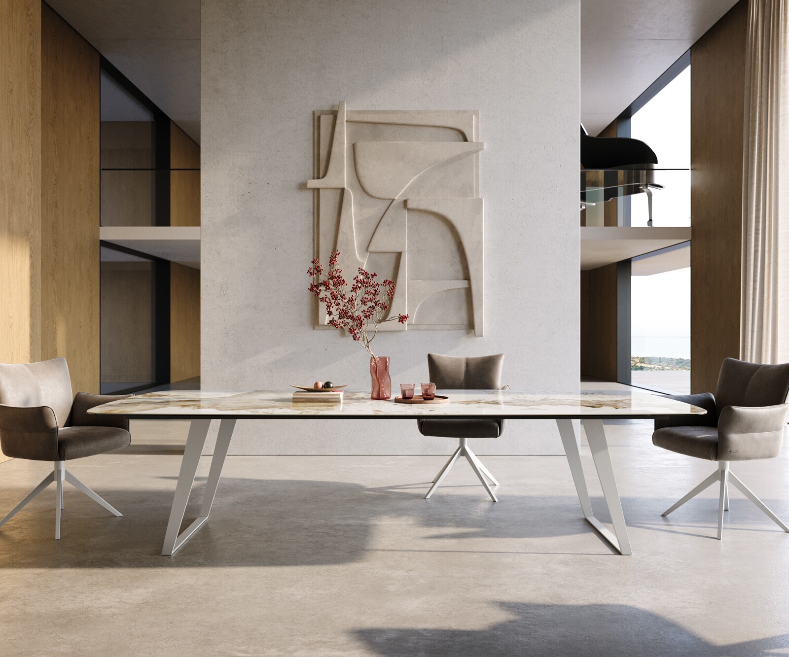 Esstisch Edge Boot 300x120 cm Keramik Minas Melange Weiß-Beige Metall Schräg Weiß 1