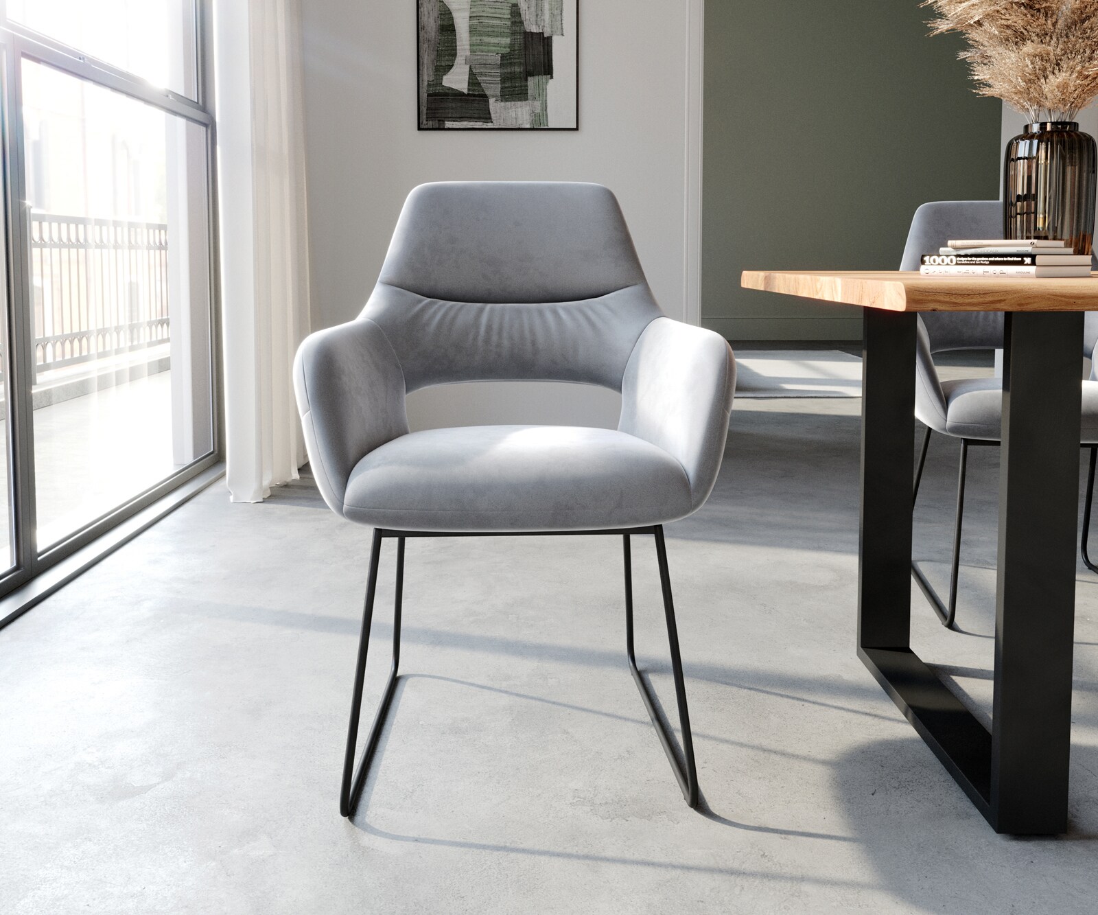 Chaise-de-salle-à-manger Yago-Flex avec accoudoirs velours gris pied trapèze noir ressorts ensachés 2