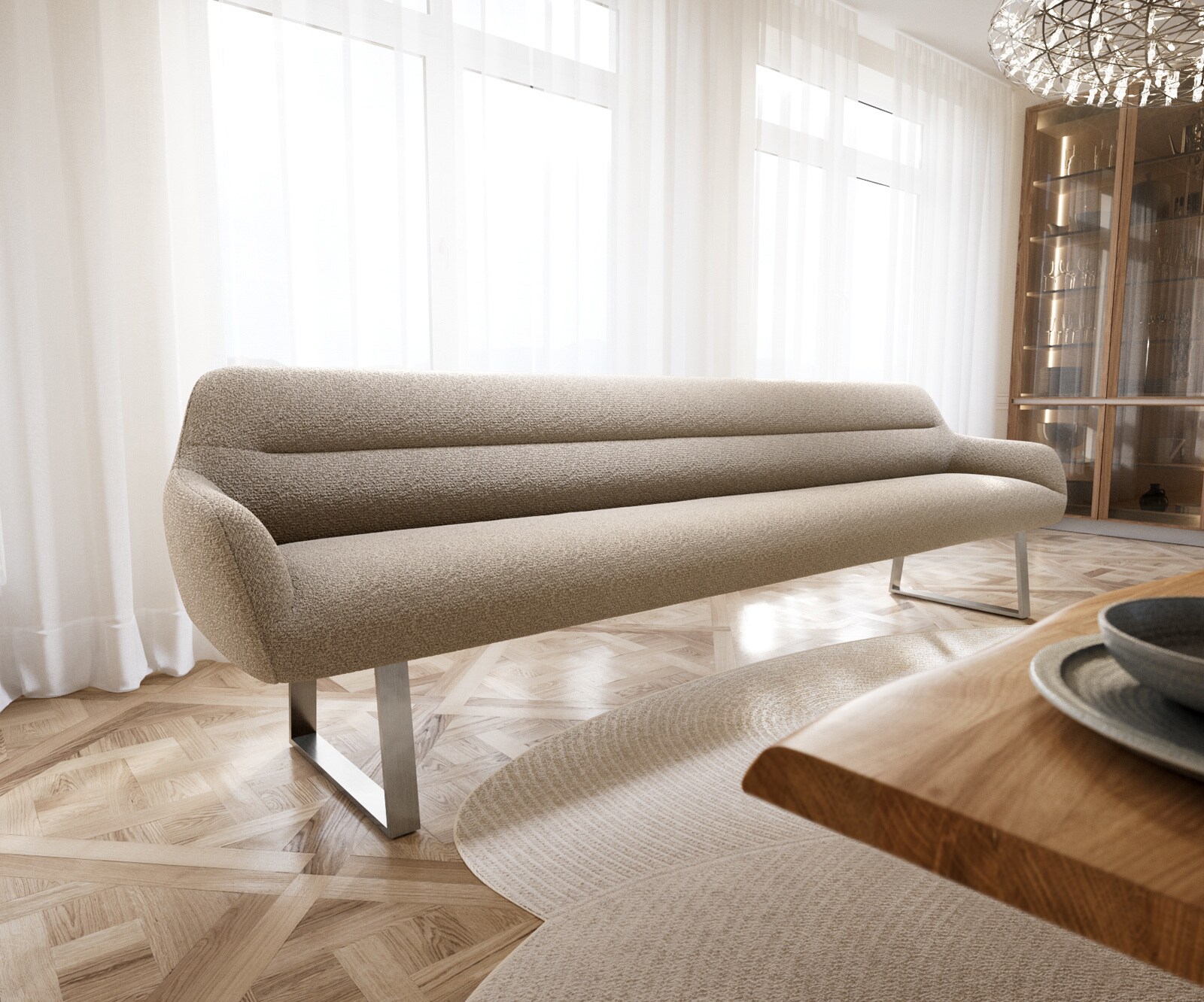 Esszimmerbank Taya-Flex 300 cm Bouclé Schlamm Kufengestell kantig Edelstahl Taschenfederkern