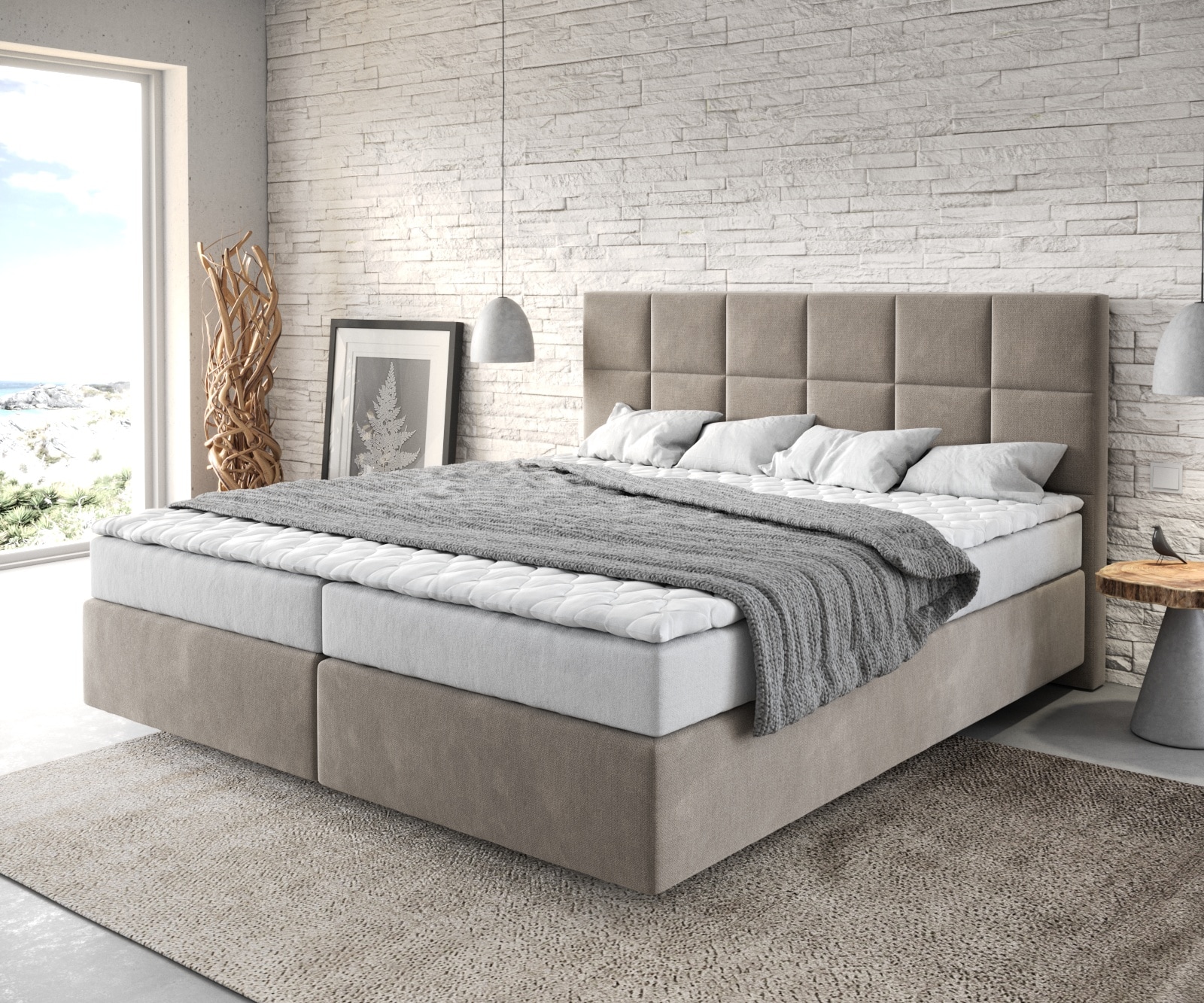 Boxspringbett Dream-Fine 180x200 cm Mikrofaser Beige mit Matratze und Topper Boxspringbett Dream-Fine 180x200 cm Mikrofaser Beige mit Matratze und Topper