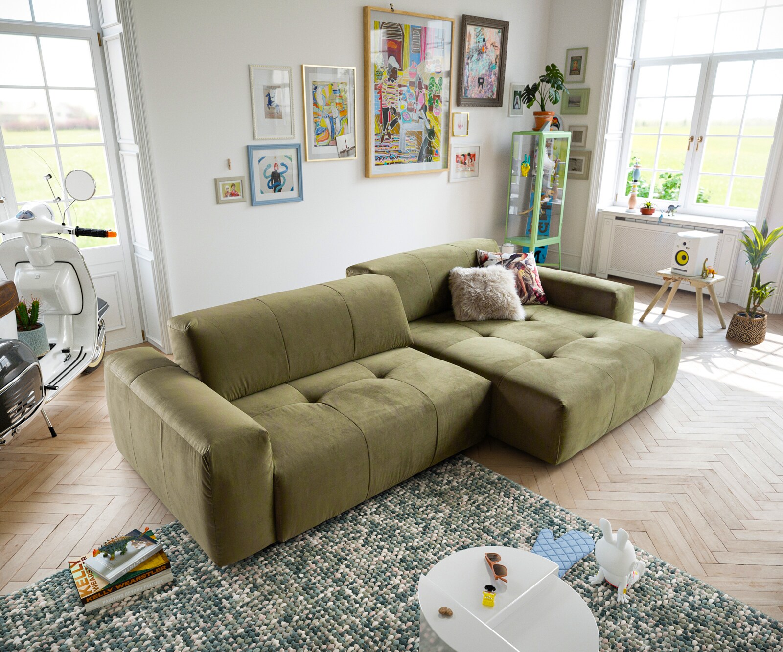 Ecksofa Lazaro 300x160 cm Samt Olive Ottomane rechts mit Sitztiefenverstellung 4