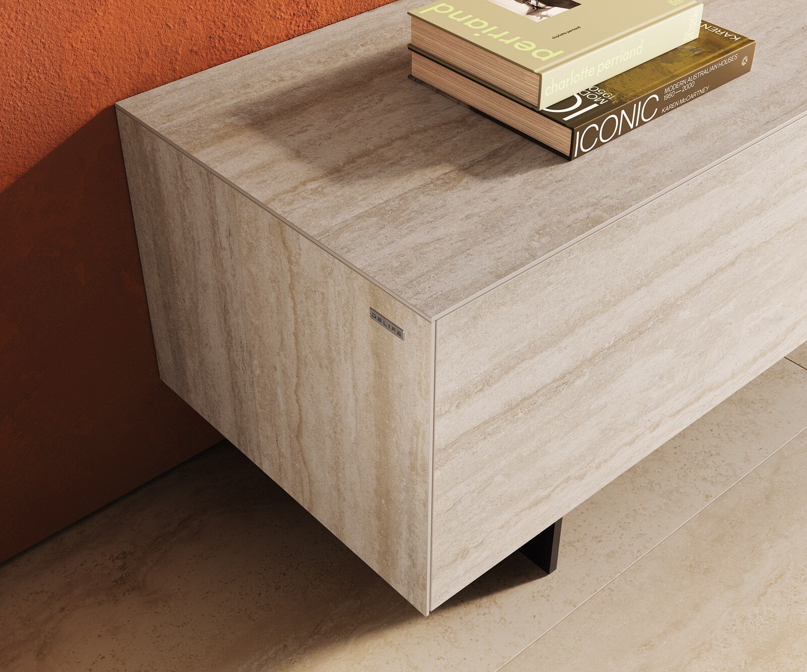 Lowboard Cuor 220 cm Keramik Laminam® Travertino Bianco Creme-Weiß 1 Klappe 2 Schubfächer Fuß Schwebeoptik Metall Schwarz 5