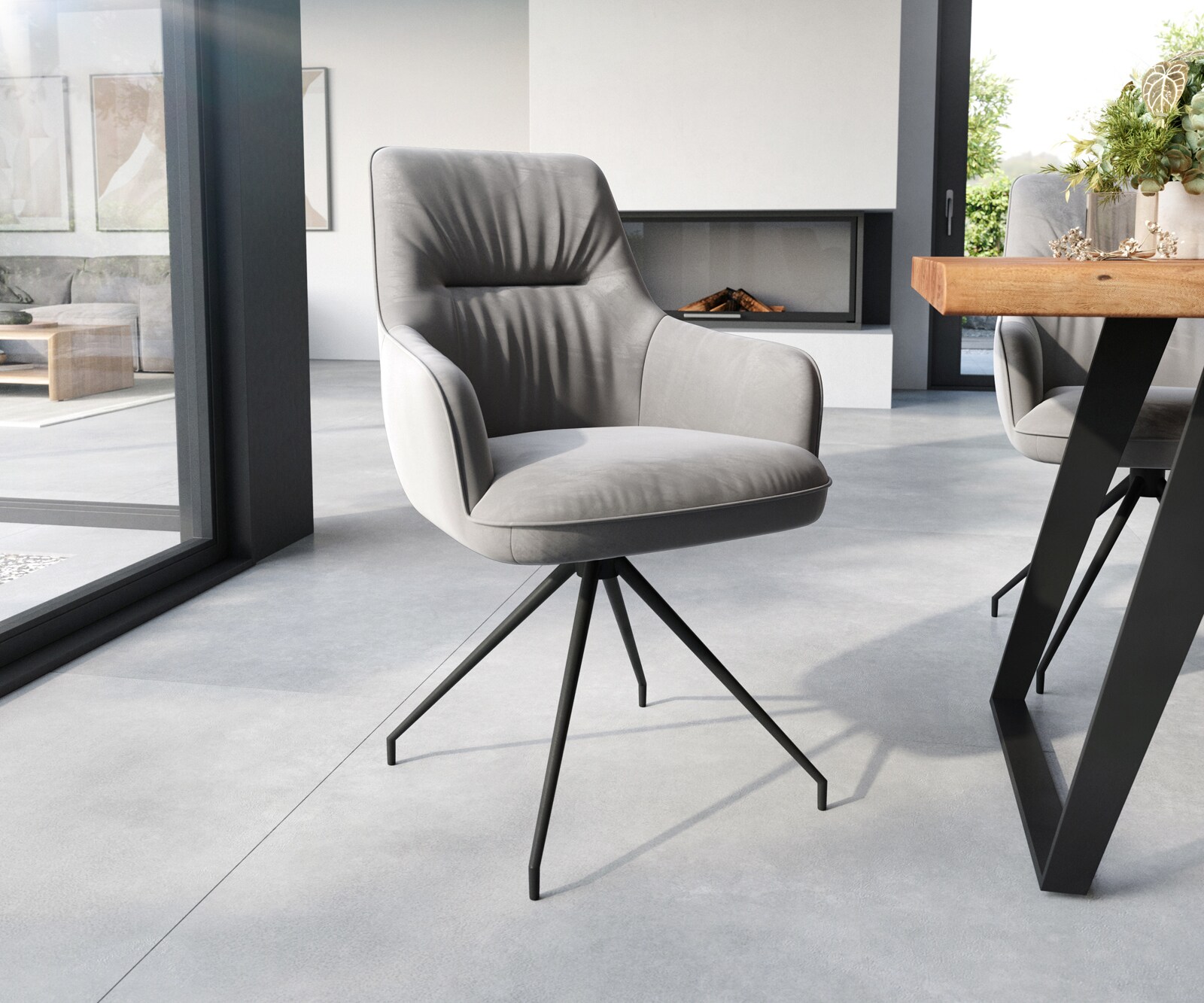 Chaise-de-salle-à-manger Zelia-Flex avec accoudoirs velours gris pied croisé conique noir ressorts ensachés