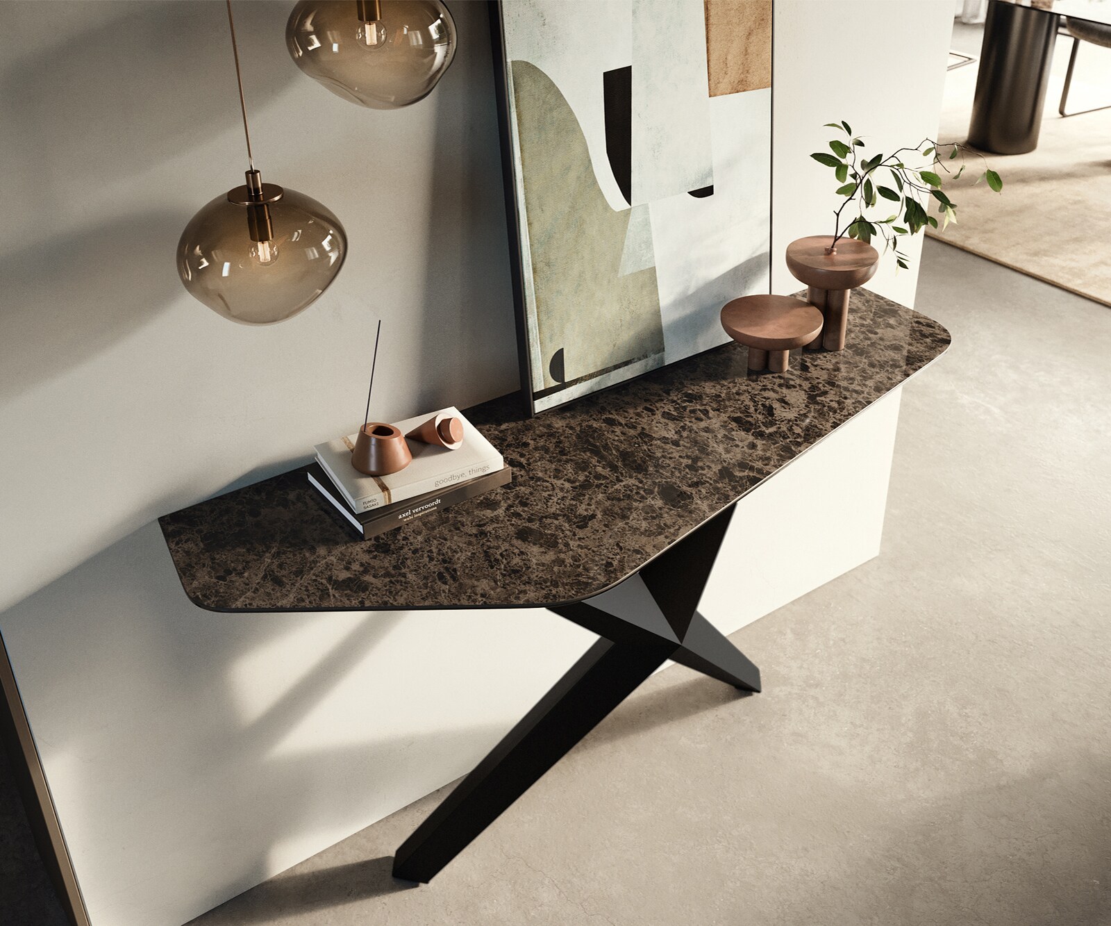 Console Edge Polygonal 140x50 cm Céramique Emperador Extra Lucidato Dunkelbraun Zentharo Métal Noir 2