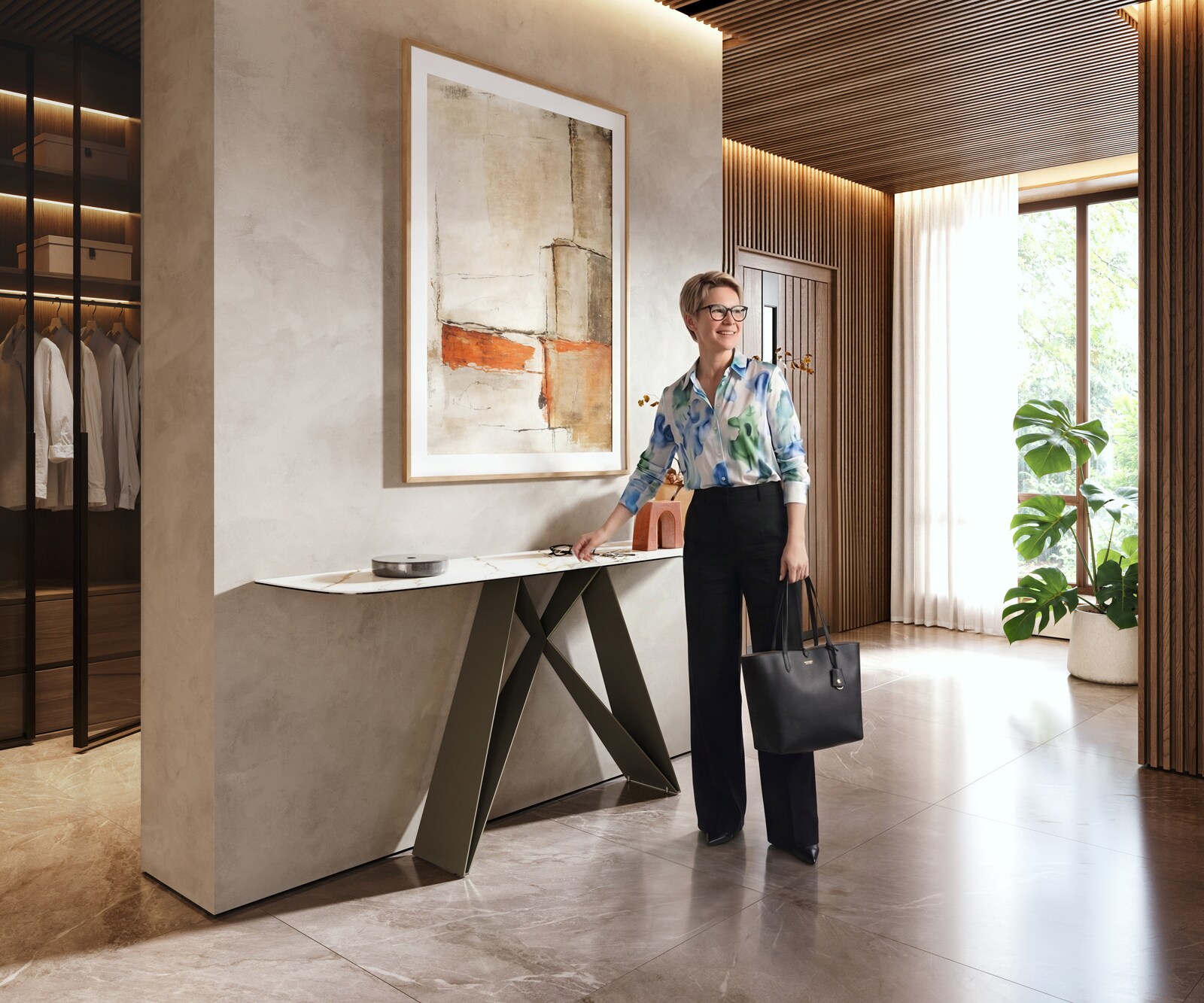 Console Edge forme bateau 180x40 cm Céramique Calacatta Luxe Weiß-Gold-Gris Velio Métal Effektfinish Titan 6