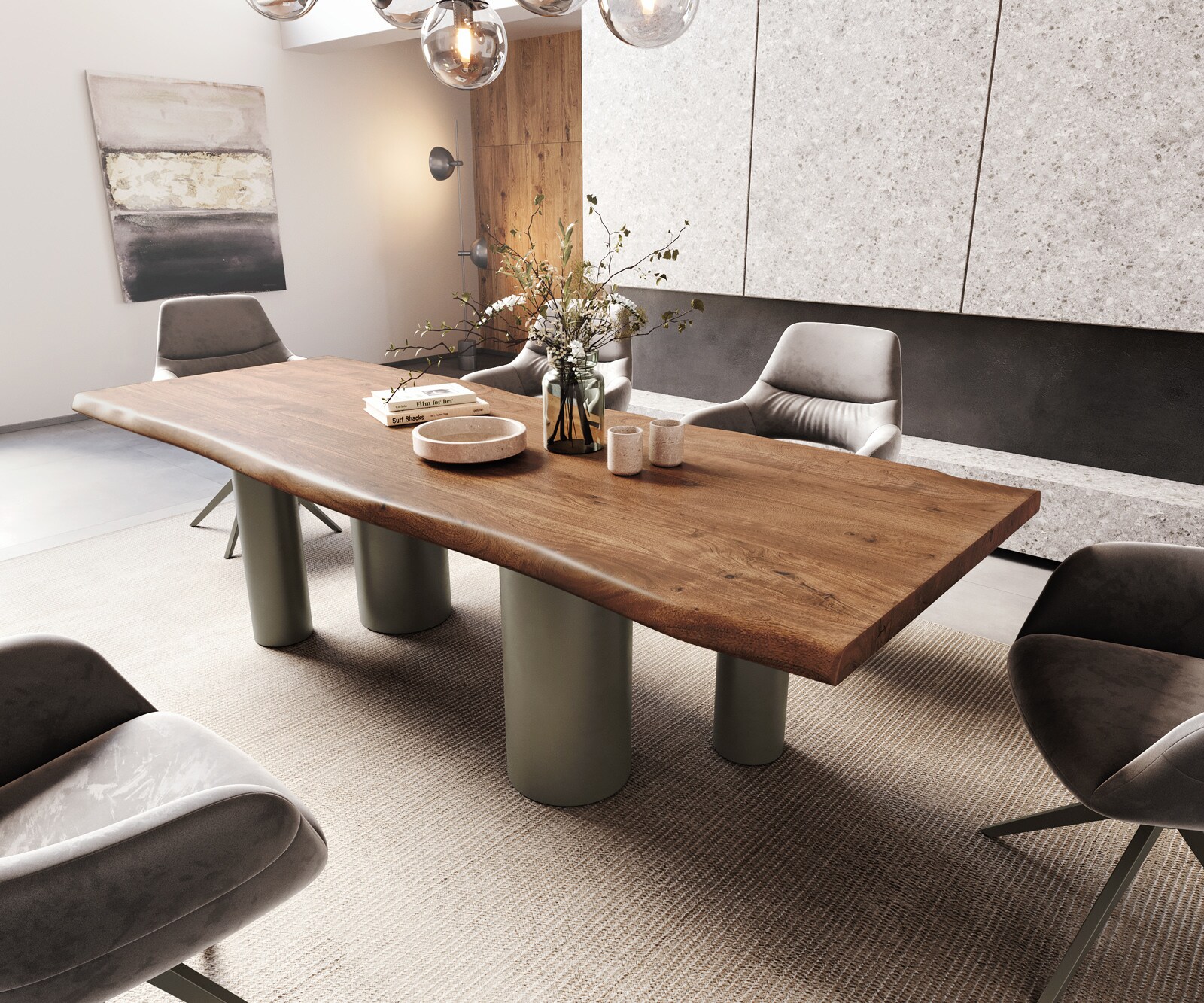 Table à manger Edge 260x100 XL Acacia Marron Pilier Métal finition à effet Titane Live-Edge