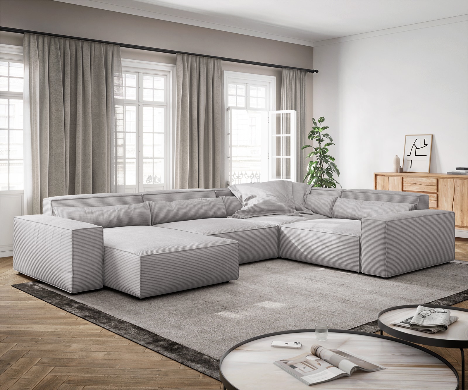 Wohnlandschaft Sirpio XL 360x260 cm Cord Silbergrau Recamiere variabel Wohnlandschaft Sirpio XL 360x260 cm Cord Silbergrau Recamiere variabel