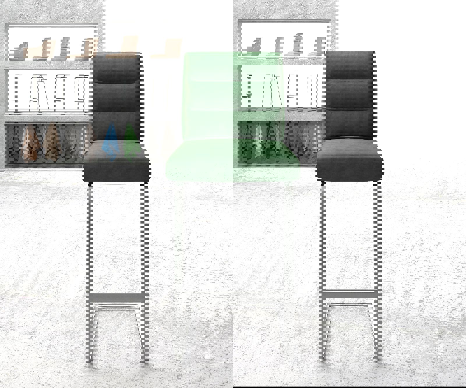 Chaise-de-bar Pela-Flex velours vert chaise cantilever acier plat inoxydable 2