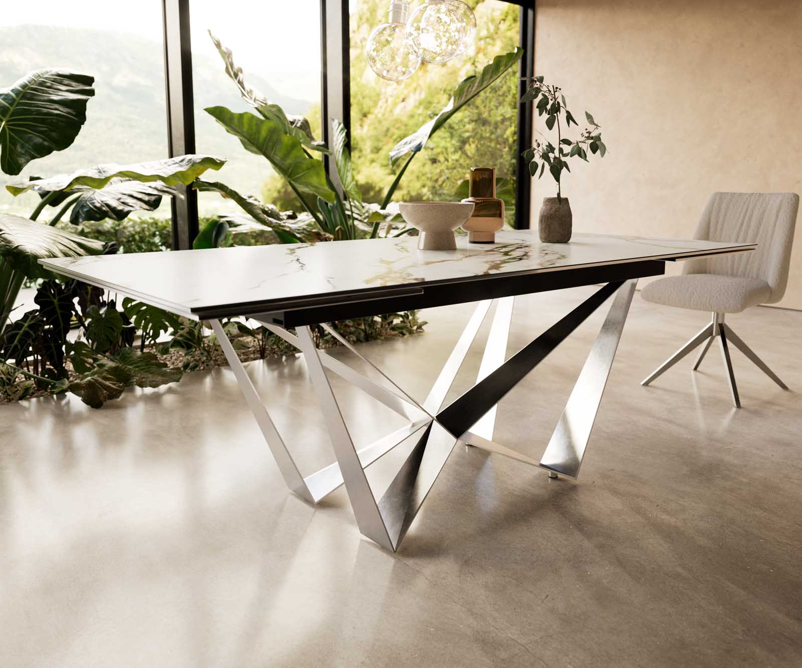 Esstisch Edge 200-300x100 Keramik Calacatta Luxe Weiß-Gold-Grau Spider Flachstahl Edelstahl ausziehbar 6