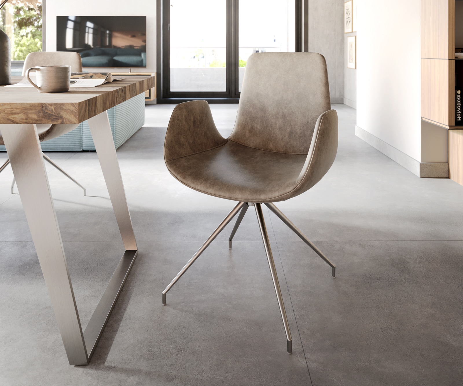 Drehstuhl Ilia-Flex mit Armlehnen Taupe Vintage Kreuzgestell konisch Edelstahl 180° drehbar