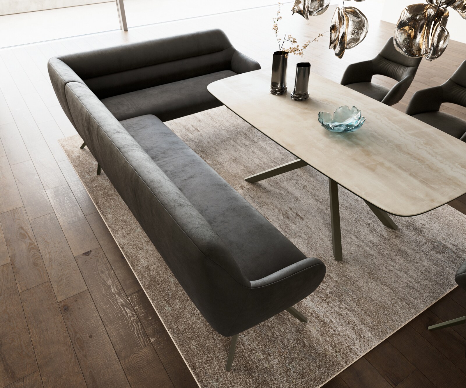 Banc-de-salle-à-manger Taya-Flex 285x190 cm microfibre antracite vintage pied croisé angulaire titane ressort ensaché liens 3