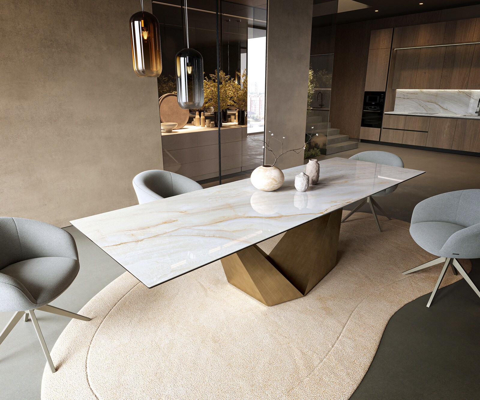 Table à manger Edge 300x100 cm céramique Onyx Pearl Prisma métal doré