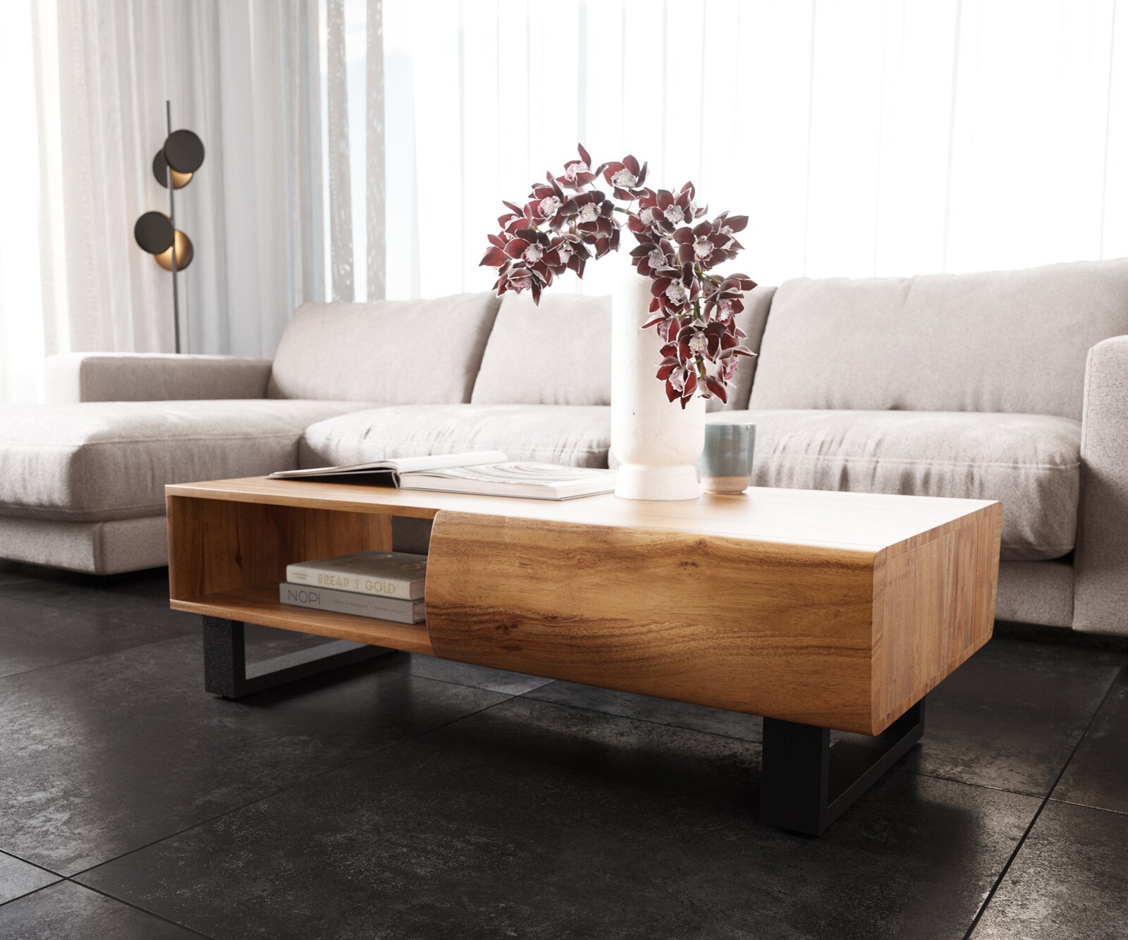 Table-basse New Live-Edge 115x60 cm acacia naturel 2 tiroirs 1 compartiment patin métal noir