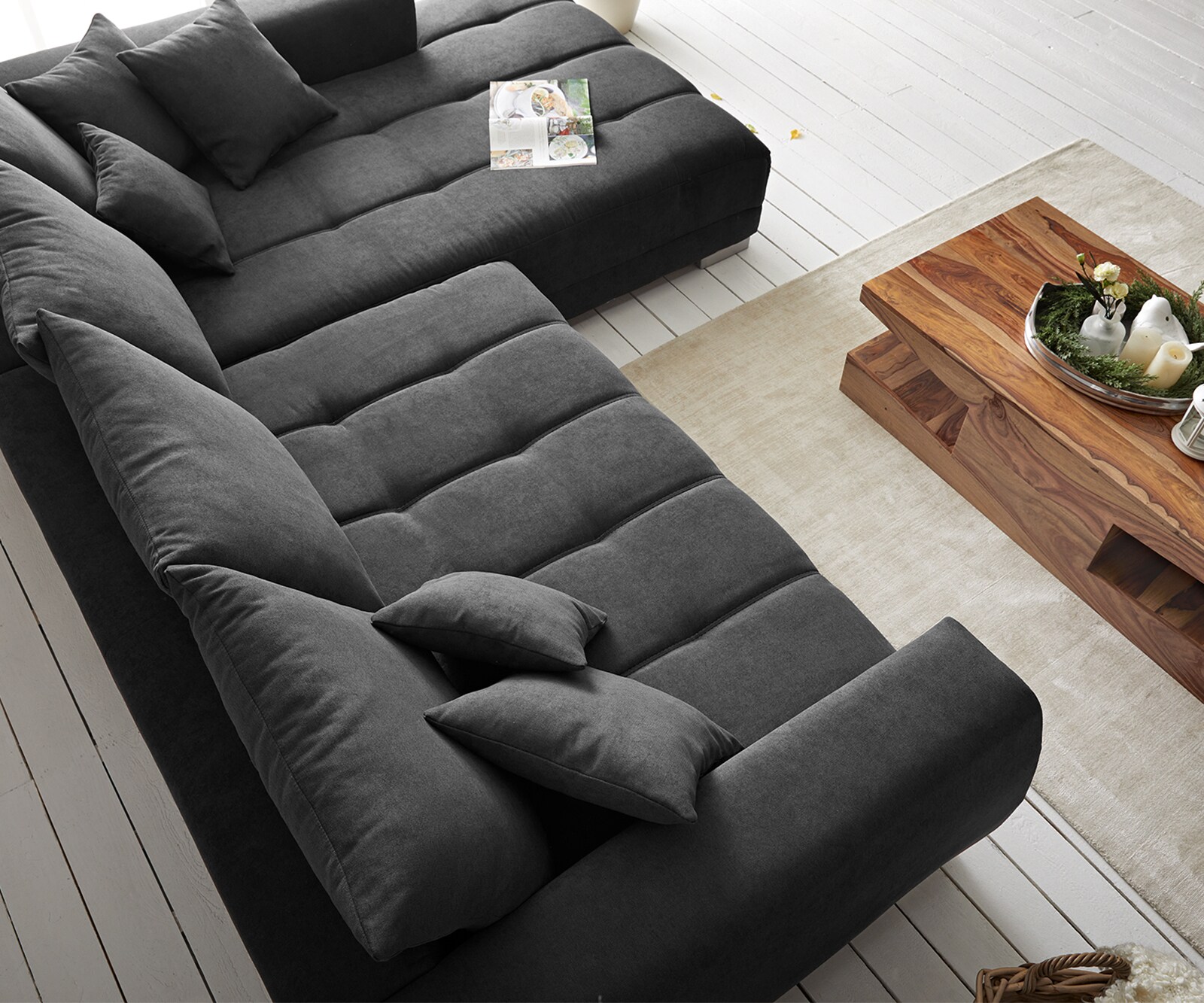 Canapé-panoramique Josea 300x220 cm microfibre noir Recamière à droite 5