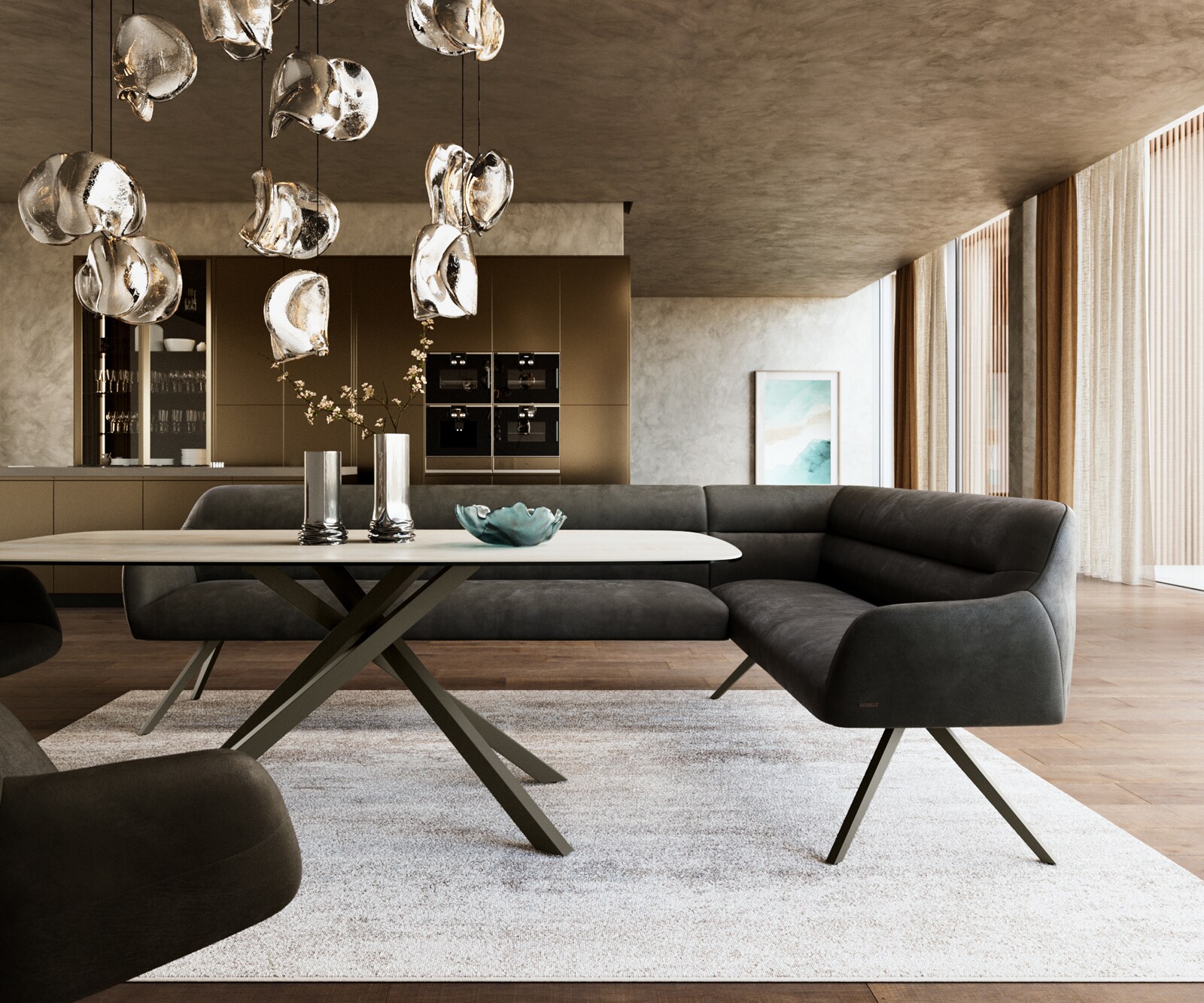 Esszimmerbank Taya-Flex 285x190 cm Mikrofaser Anthrazit Vintage Kreuzgestell kantig Effektfinish Titan Taschenfederkern Links 1