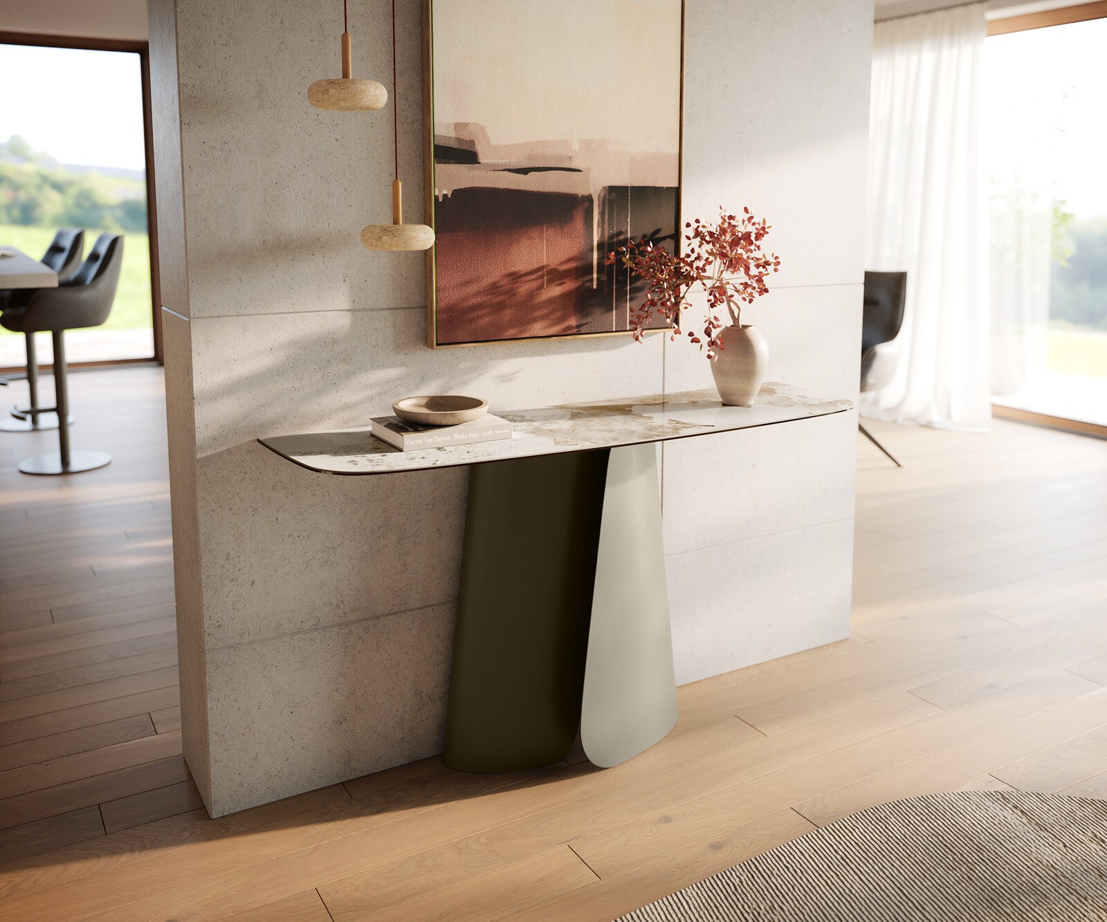 Konsolentisch Edge Boot 140x40 cm Keramik Minas Melange Weiß-Beige Livos Metall Effektfinish Titan 4