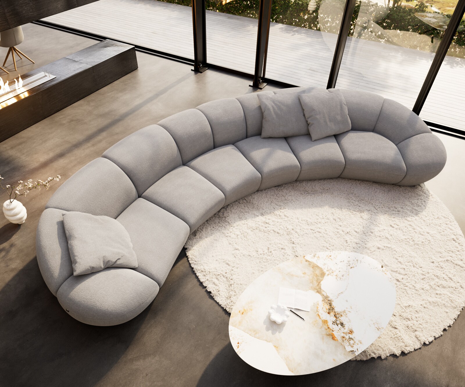 Big sofa Lunna 470x210 cm tissu bouclé taupe 3 coussins 2