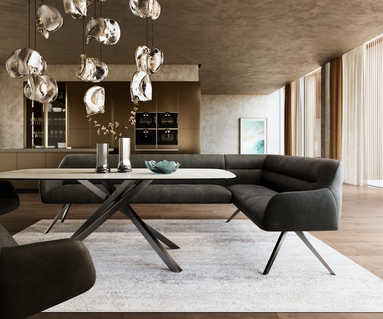 Esszimmerbank Taya-Flex 285x190 cm Mikrofaser Anthrazit Vintage Kreuzgestell kantig Graphit Taschenfederkern Links 1