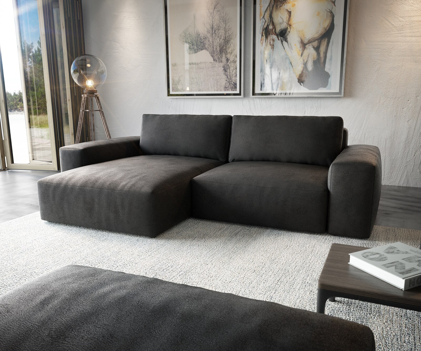 Ecksofa Lanzo XL 270x180 cm Lederimitat Vintage Anthrazit Recamiere variabel mit Hocker 1