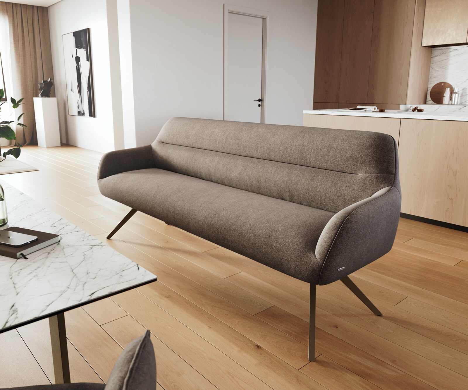 Banc-de-salle-à-manger Taya-Flex 200 cm tissu structuré doux taupe pied croisé angulaire titane ressort ensaché 1