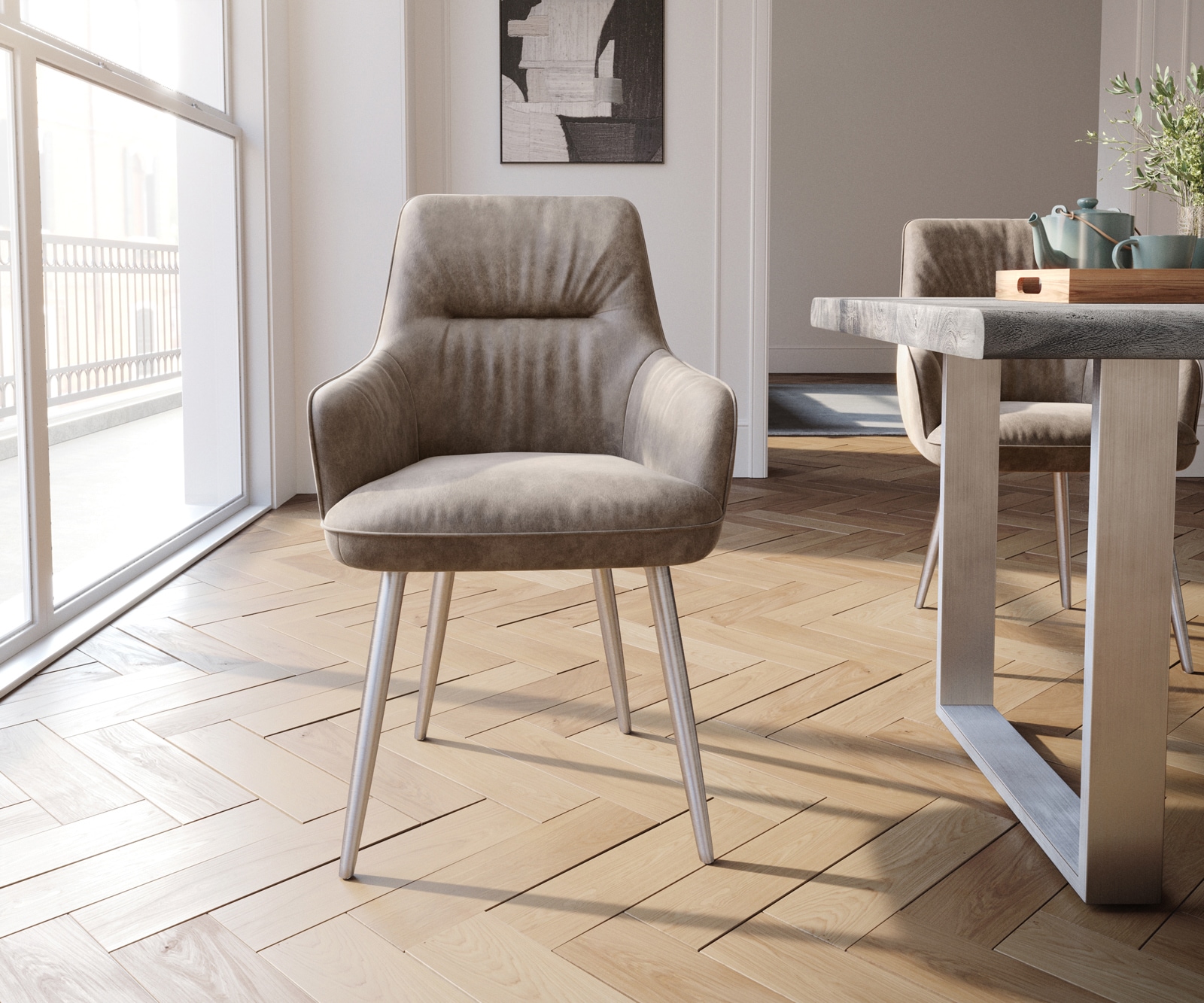 Chaise-de-salle-à-manger Zelia-Flex avec accoudoirs microvelours taupe vintage 4 pieds coniques acier inoxydable brossé ressorts ensachés 2