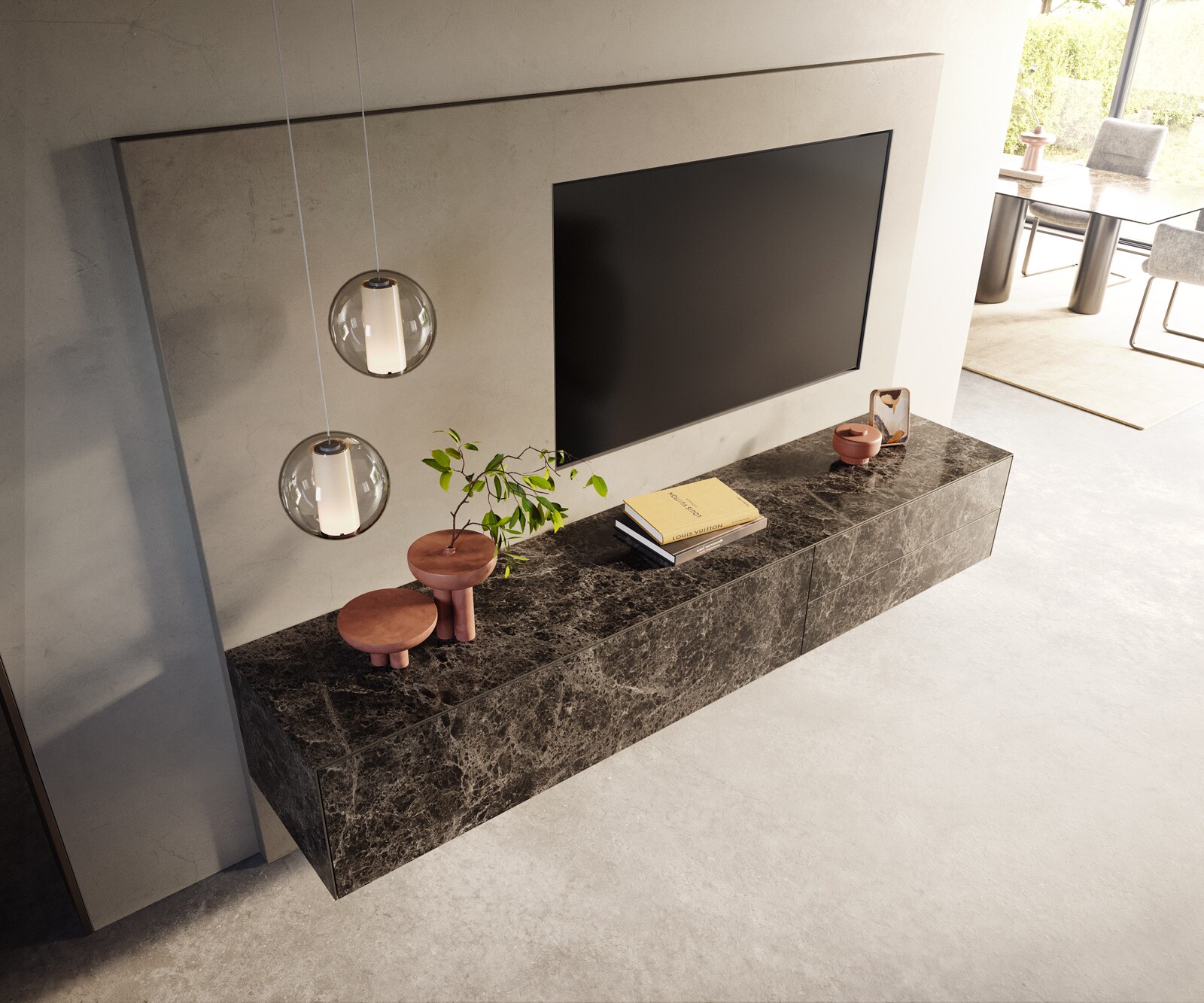 Lowboard Cuor 220 cm Keramik Laminam® Emperador Extra Lucidato Dunkelbraun 1 Klappe 2 Schubfächer Schwebend 3