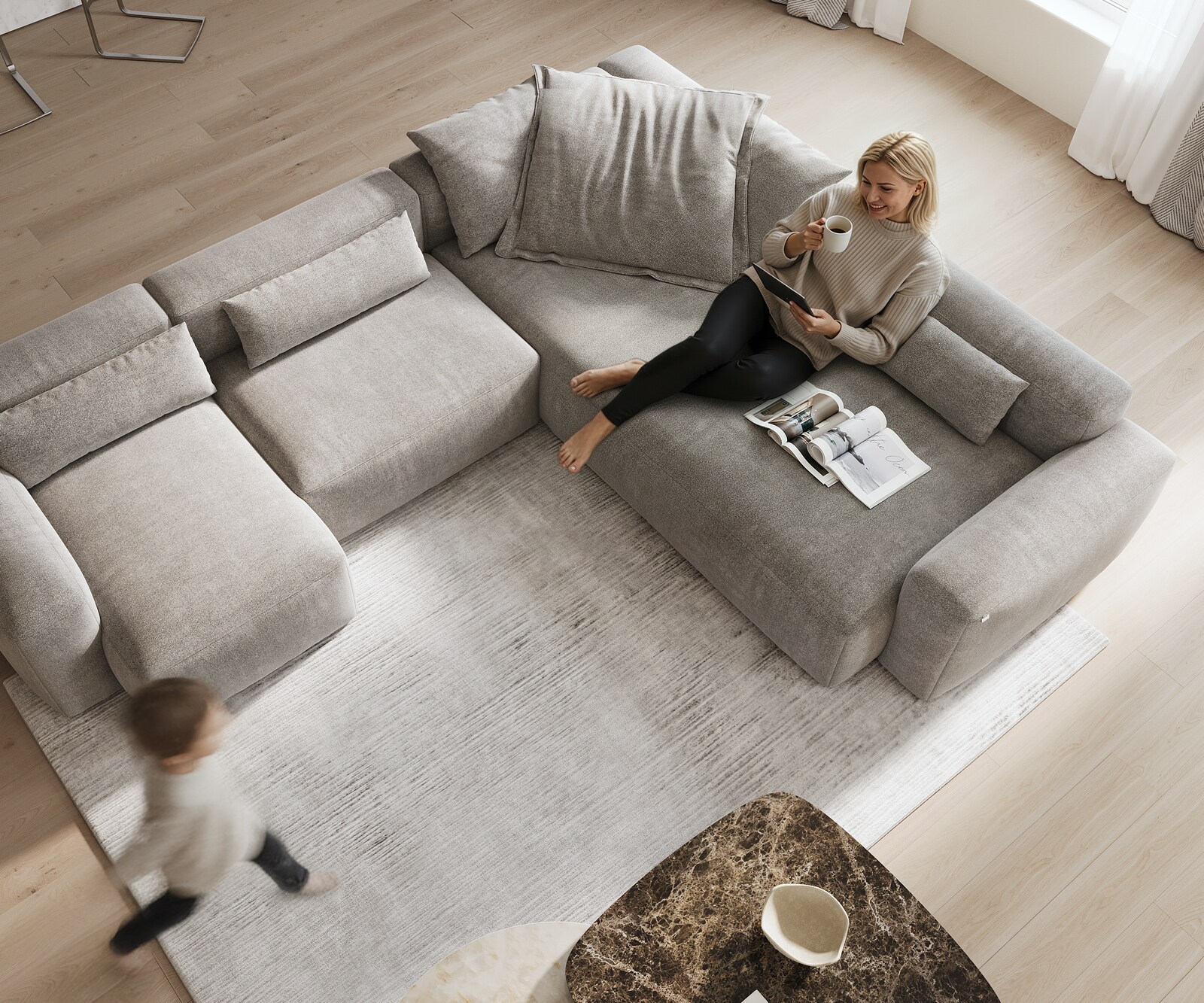 Wohnlandschaft Freestyle 360x290 cm Strukturstoff Soft Grau Kappnaht 3