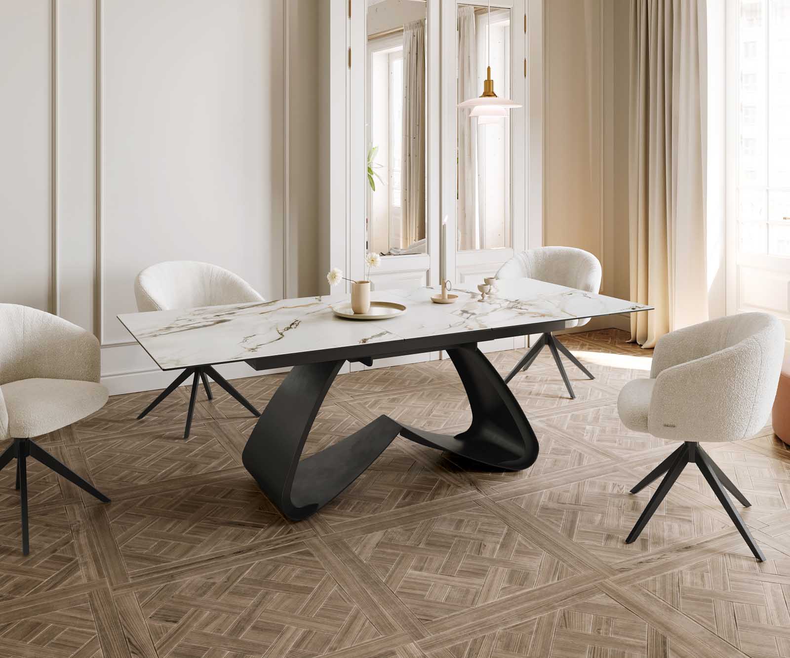 Esstisch Edge 180-220x100 Keramik Calacatta Luxe Weiß-Gold-Grau W-Gestell Schwarz ausziehbar 8