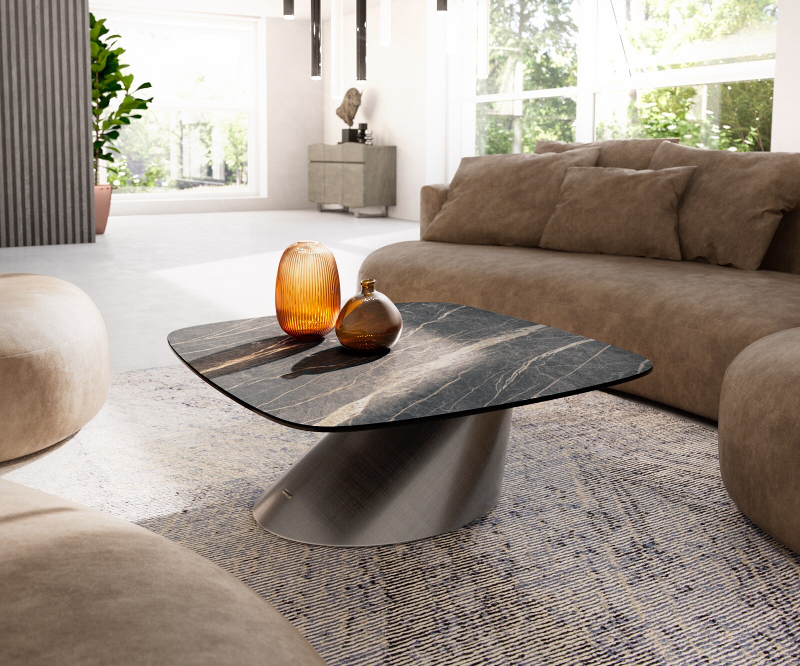 Couchtisch Edge Boot 90x90 cm Keramik Laminam® Noir Desir Braun Conis Metallic Silber 1