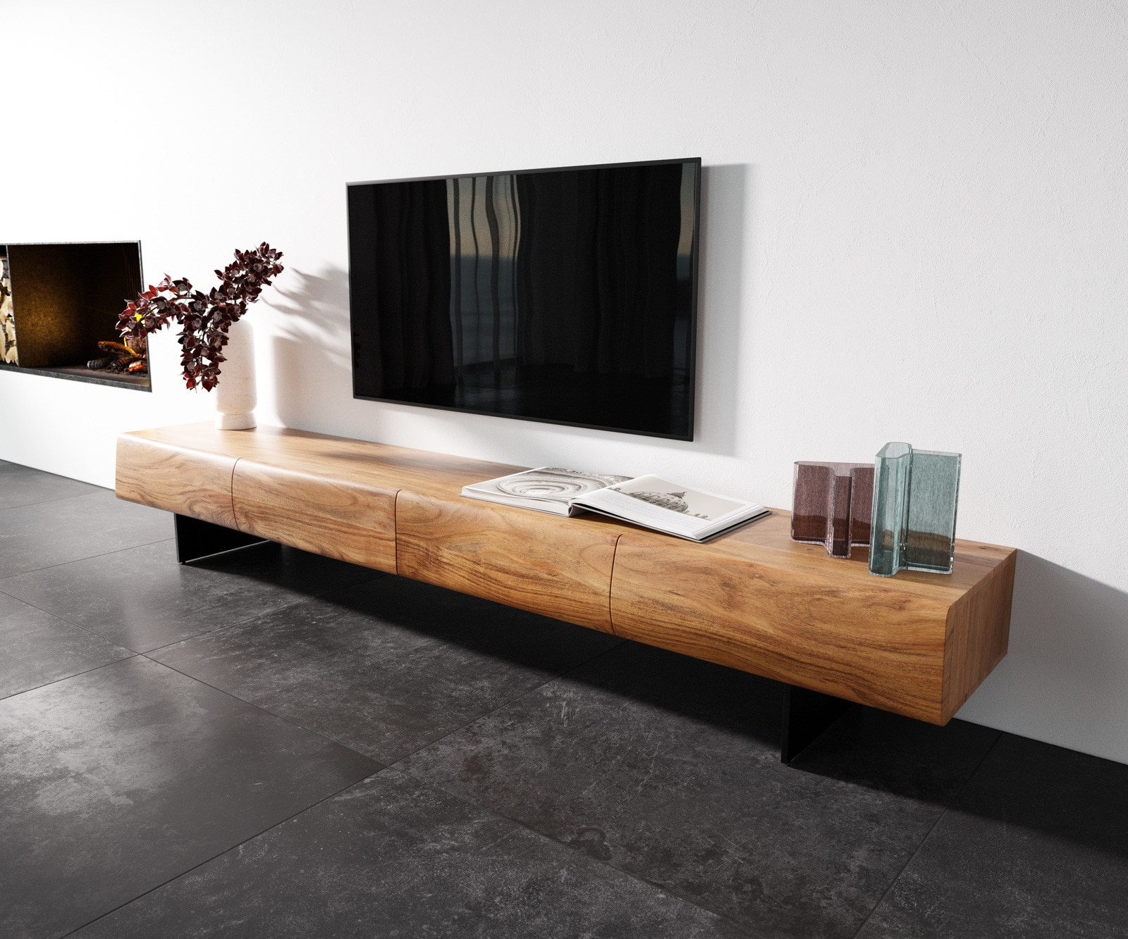 Meuble-TV New Live-Edge 240 cm acacia naturel 4 tiroirs pied flottant métal noir Meuble-TV New Live-Edge 240 cm acacia naturel 4 tiroirs pied flottant métal noir