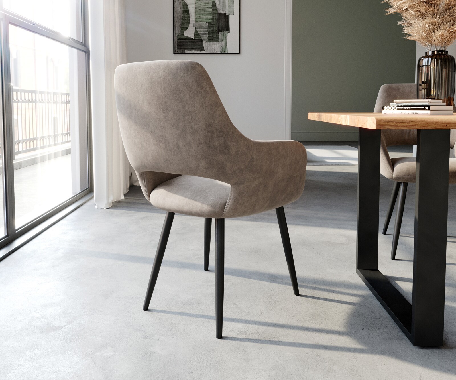 Esszimmerstuhl Yago-Flex mit Armlehnen Mikrofaser Taupe Vintage 4-Fuß konisch Schwarz Taschenfederkern 5