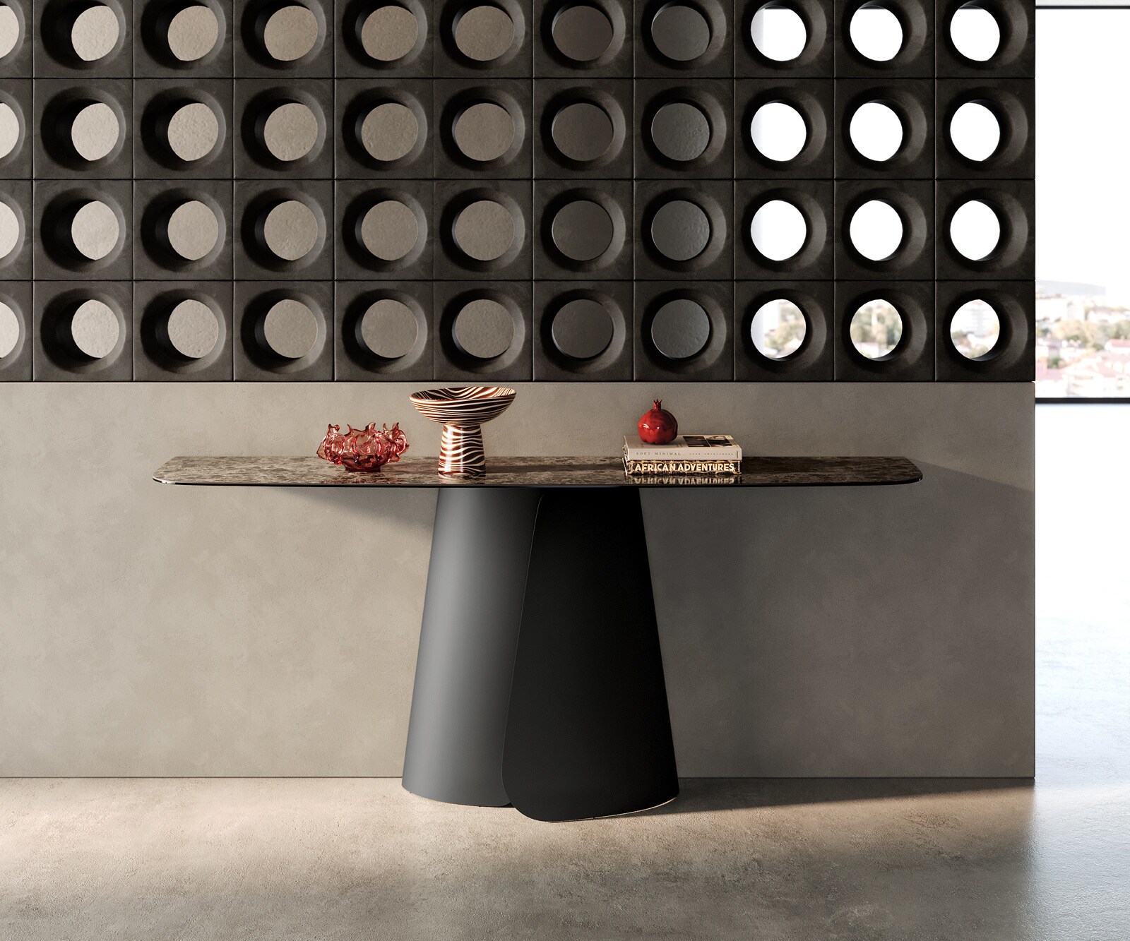 Console Edge forme bateau 180x40 cm Céramique Emperador Extra Lucidato Dunkelbraun Livos Métal Noir 3