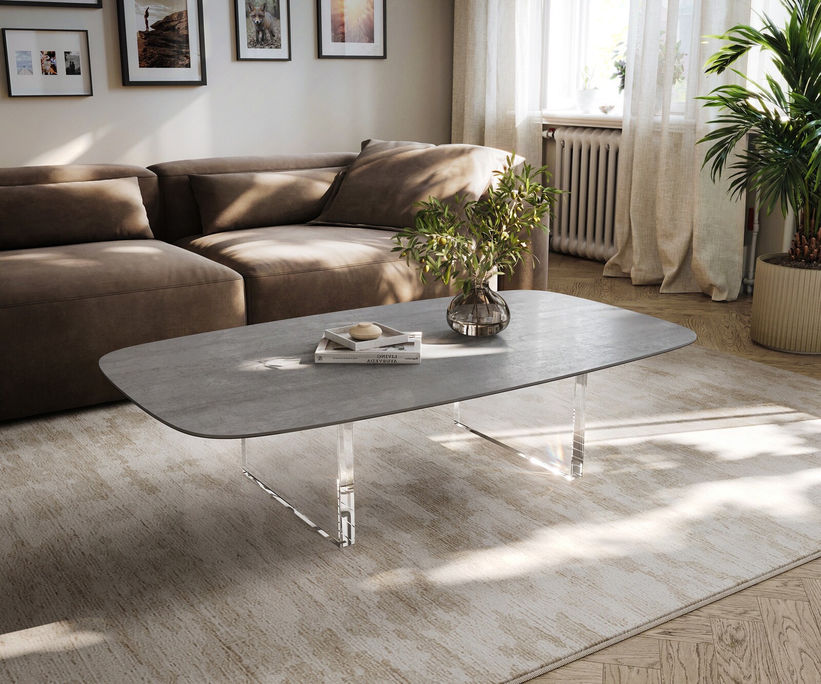 Table basse Edge forme bateau 140x80 cm céramique béton gris Lumia acrylique