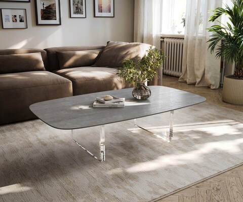 Table basse Edge forme bateau 135x80 cm céramique béton gris Lumia acrylique