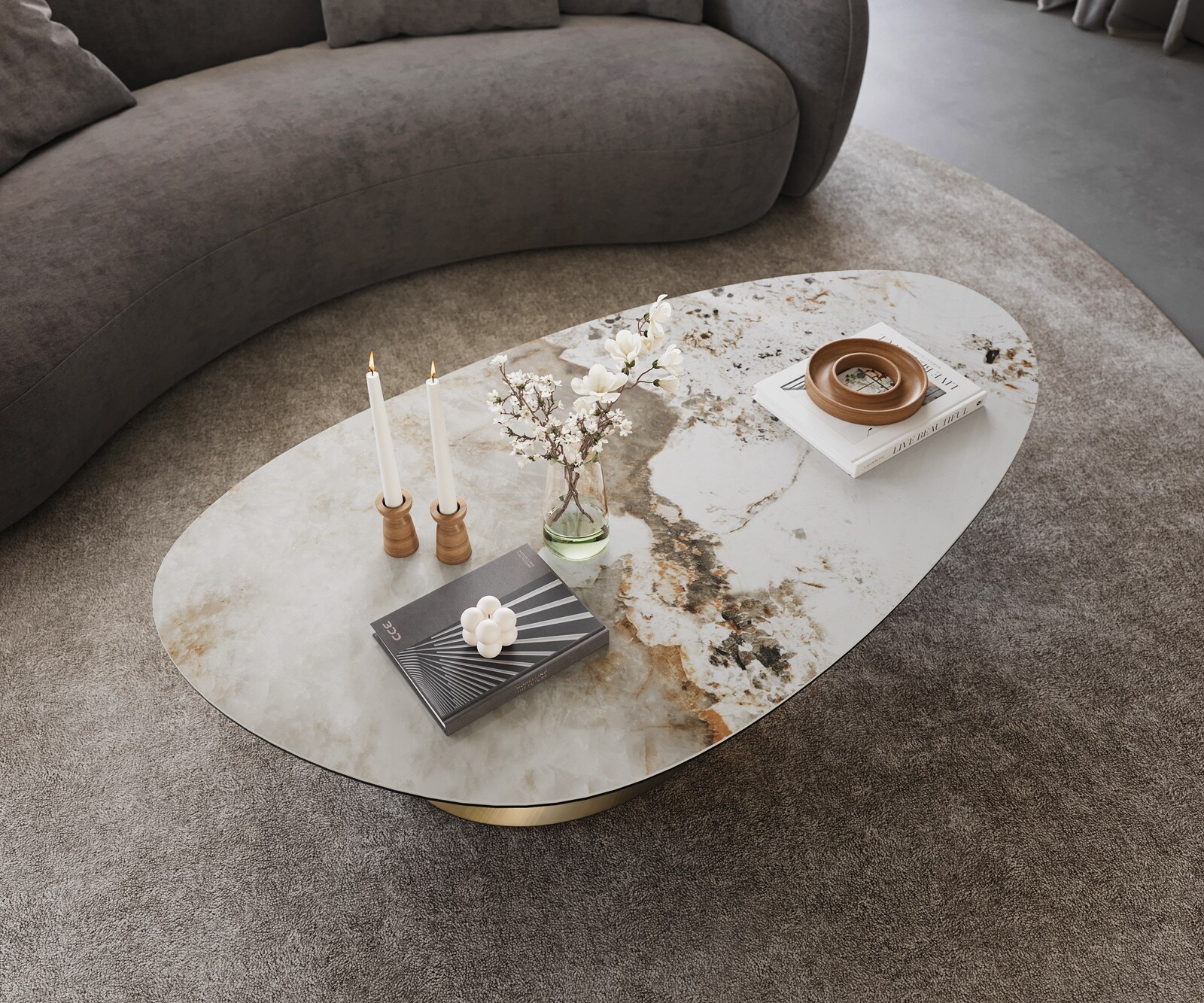 Table basse Edge Oval 140x75 cm céramique Minas Melange Conis doré métallique 4