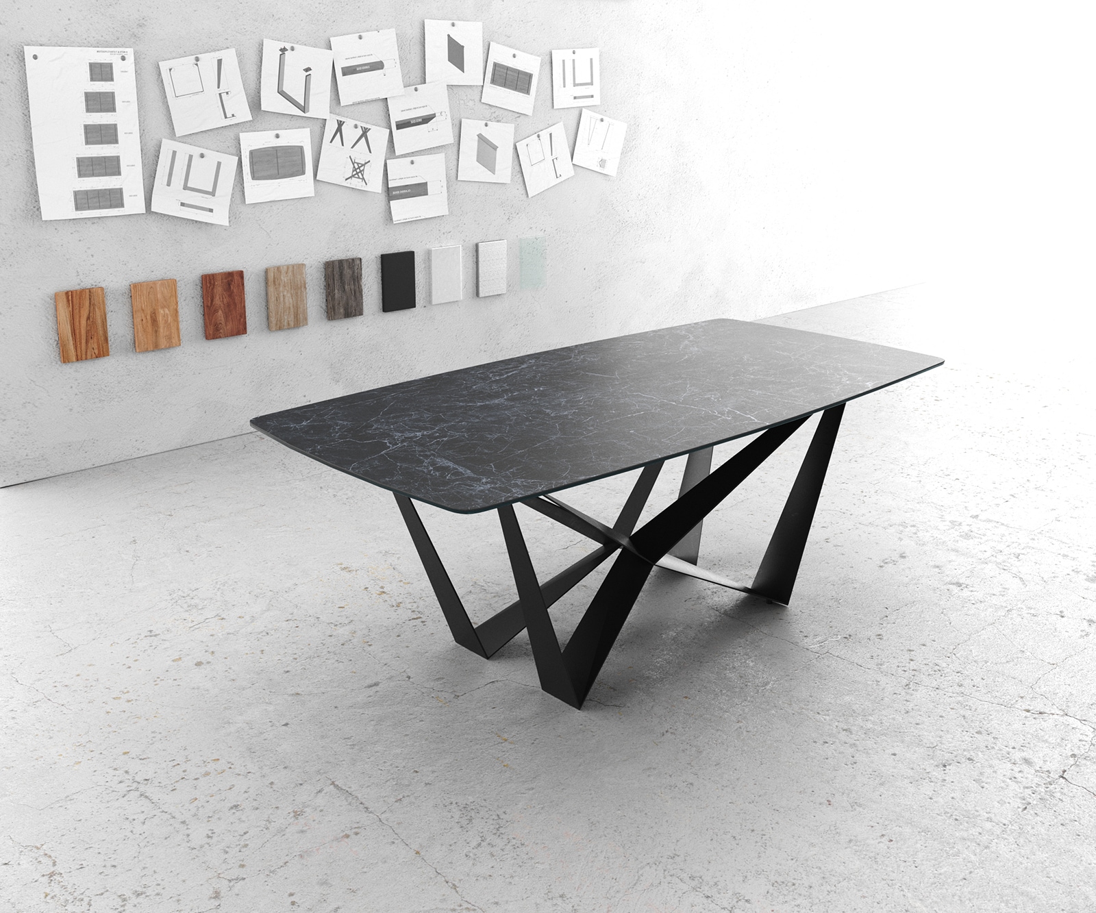 Table-à-manger Edge forme Boot 200x100cm Laminam® céramique gris pieds milieu acier plat noir Table-à-manger Edge forme Boot 200x100cm Laminam® céramique gris pieds milieu acier plat noir