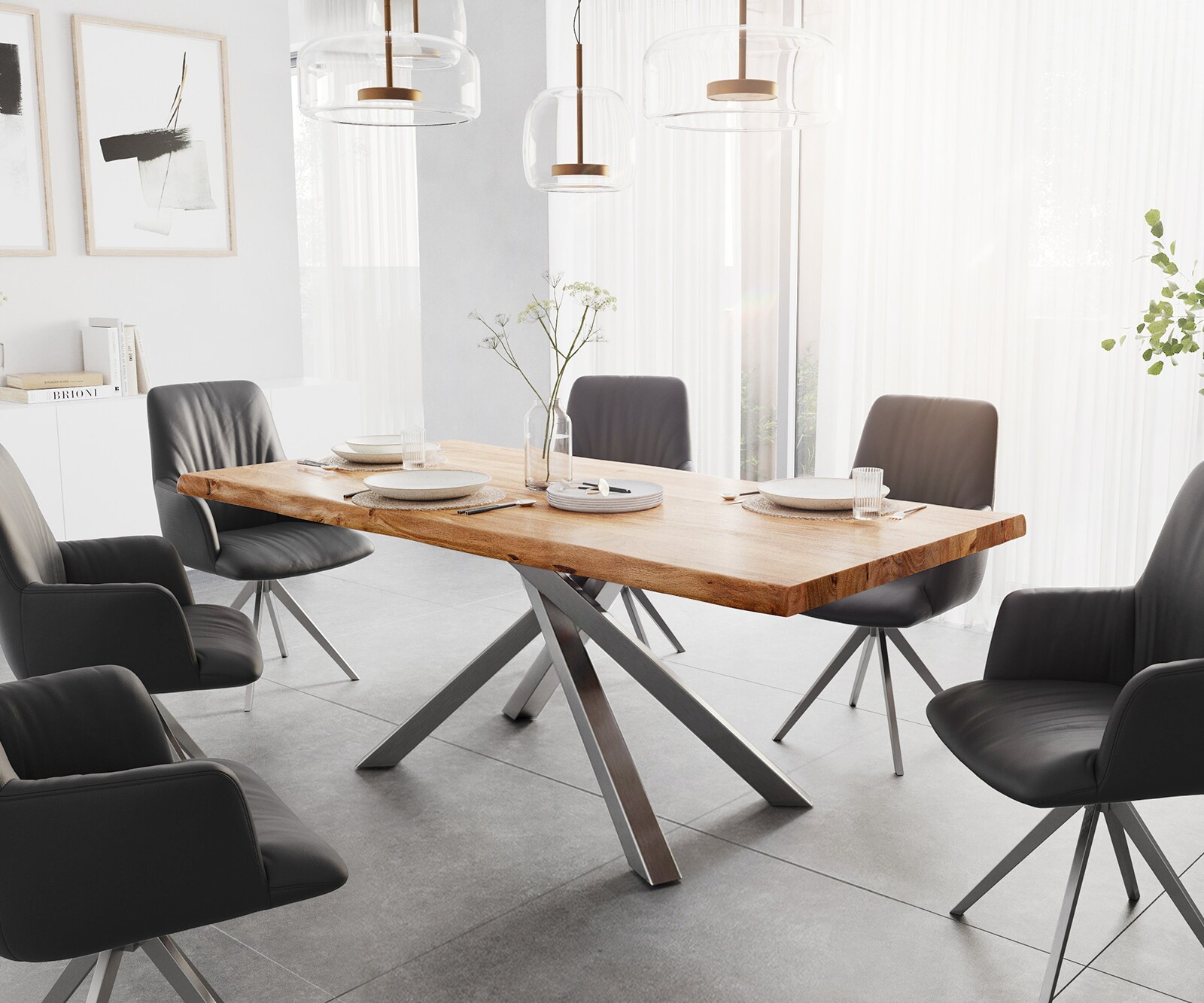 Table à manger Edge 200x100 XL Acacia Naturel cadre croisé Rectangle Acier inoxydable Live-Edge 1