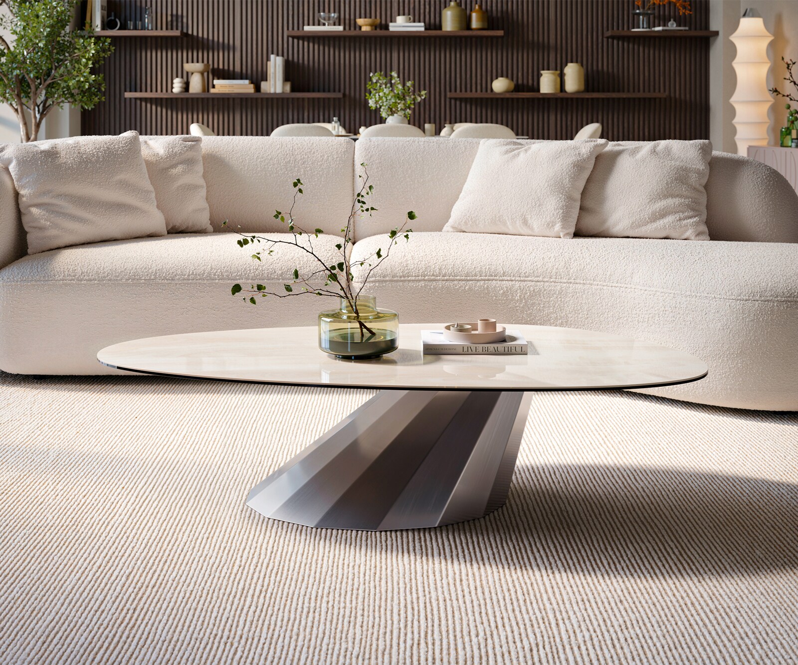 Table basse Edge ovale 140x75 cm céramique Onyx Champagne Parabi acier inoxydable brossé