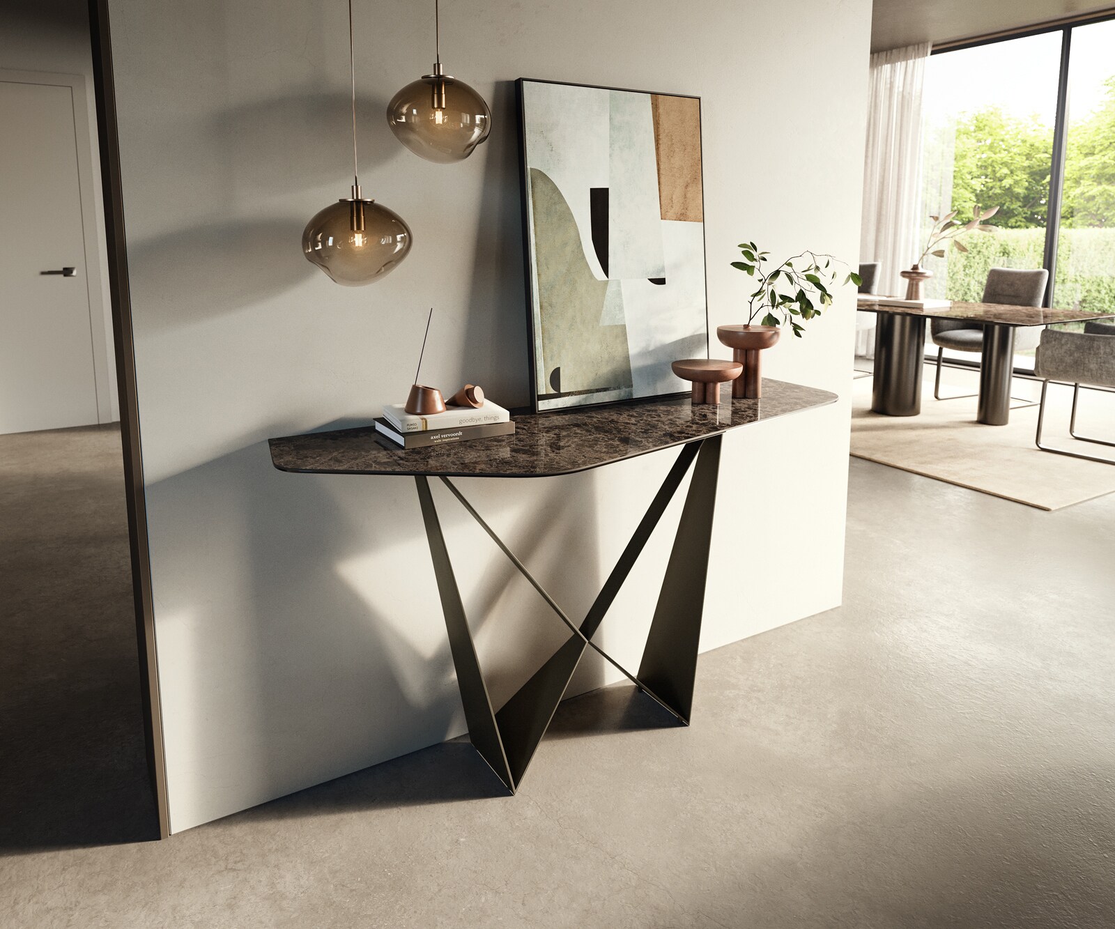 Konsolentisch Edge Polygonal 140x50 cm Keramik Emperador Extra Lucidato Dunkelbraun Spios Metall Effektfinish Titan 4